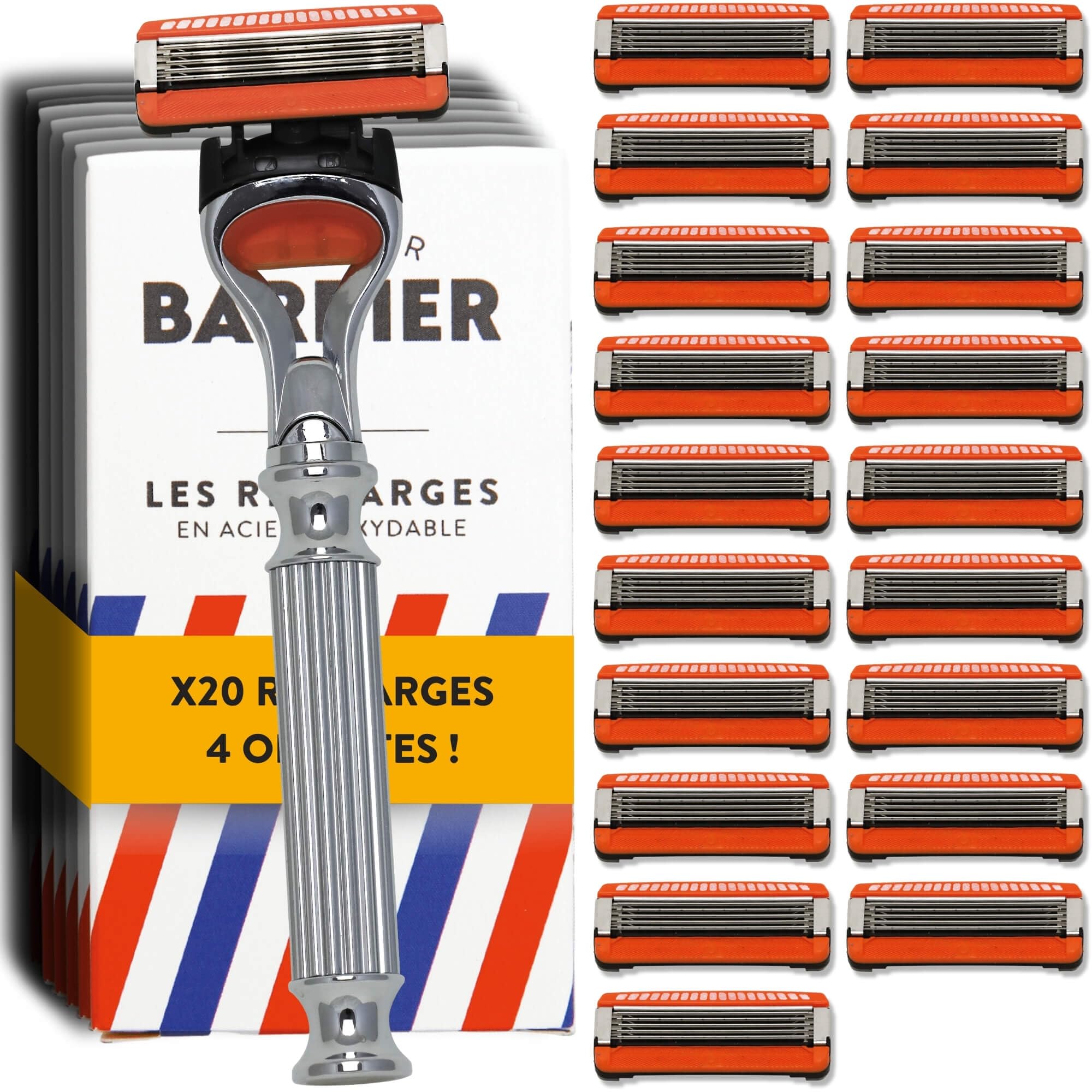 Monsieur BARBIER Afeitadora 5 Cuchillas Hombre EXPLORER + 20 Recambios | Mango de acero inoxidable compatible FUSION. Cabezal giratorio 40°, doble banda lubricante. Afeitado muy apurado, en húmedo.