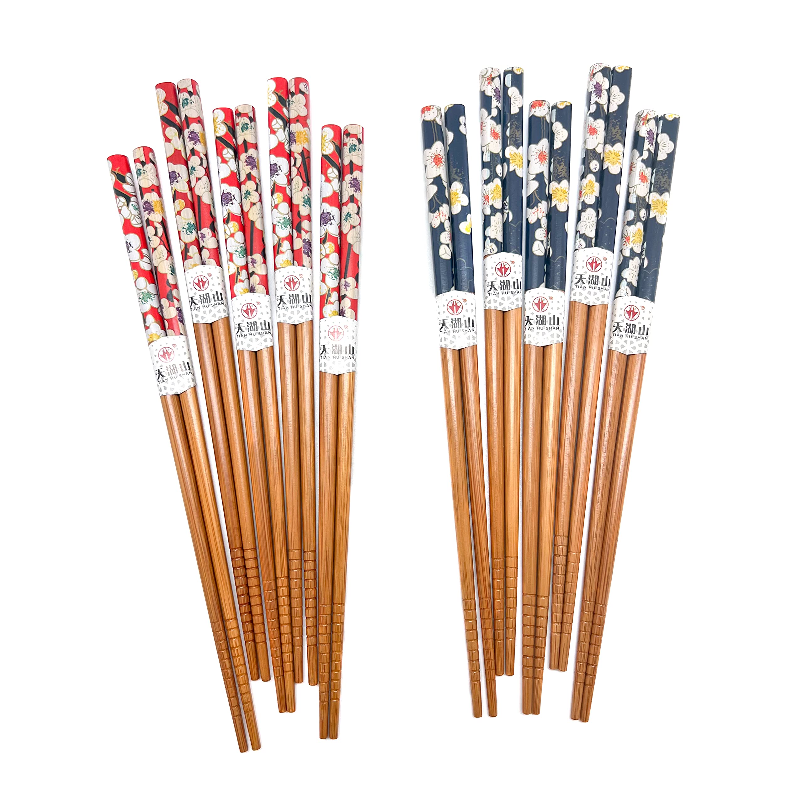 10 Pairs Reusable Bamboo Chopsticks, Spring Blooming Sakura Pattern Natural Bamboo Wood Chopsticks, 8.8Inch/22.5cm Polybag packing by LANHUTHS
