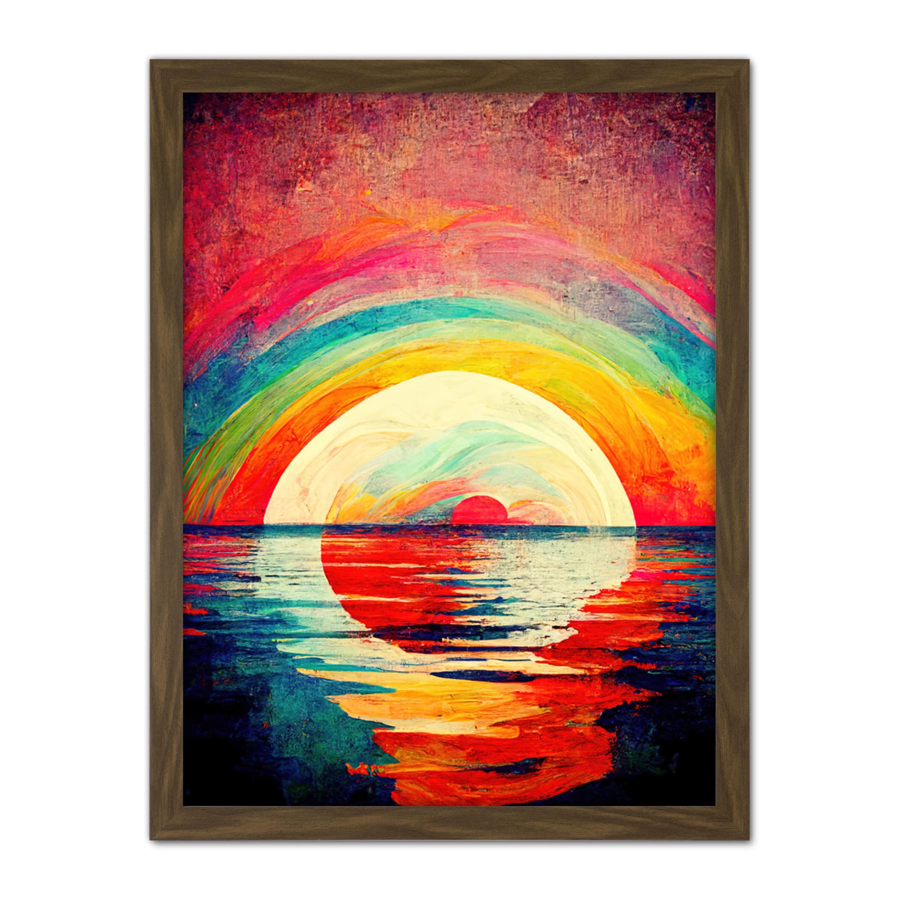 Doppelganger33 LTD Rainbow Sunset At Sea Vibrant Expressionism Artwork Framed Wall Art Print 18X24 Inch
