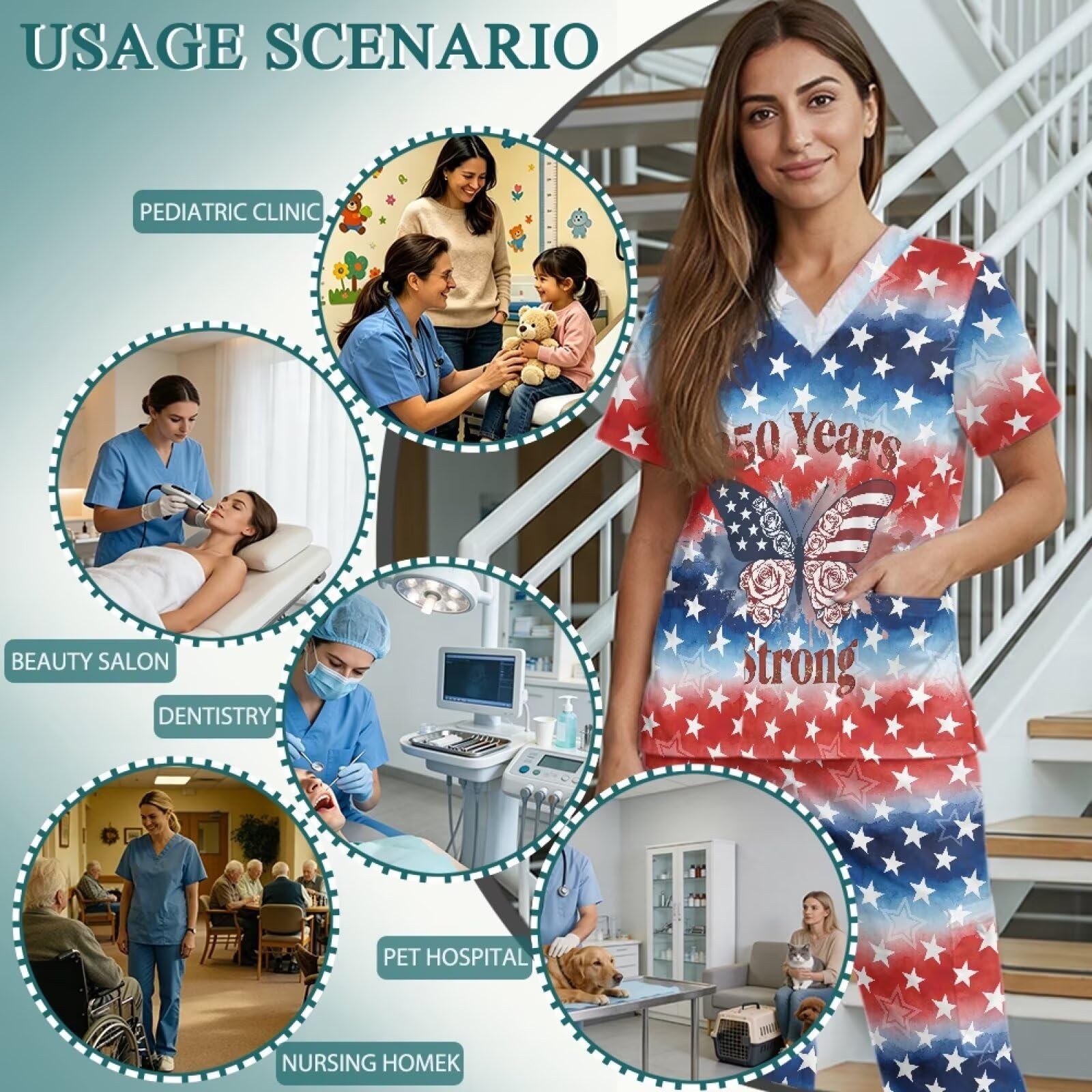USA 250-letni damski zestaw peelingów czerwony, biały i niebieski top i spodnie patriotyczne, peelingi plus size dla kobiet, akcesoria do asystentów medycznych