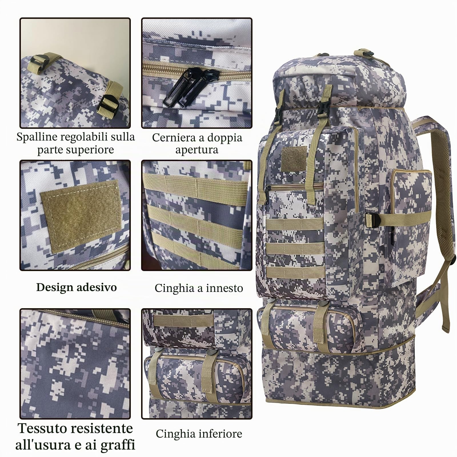 Zaino tattico militare Molle da 100 l, zaino da trekking extra grande, impermeabile, zaino sportivo per attività all'aria aperta, borsa sportiva