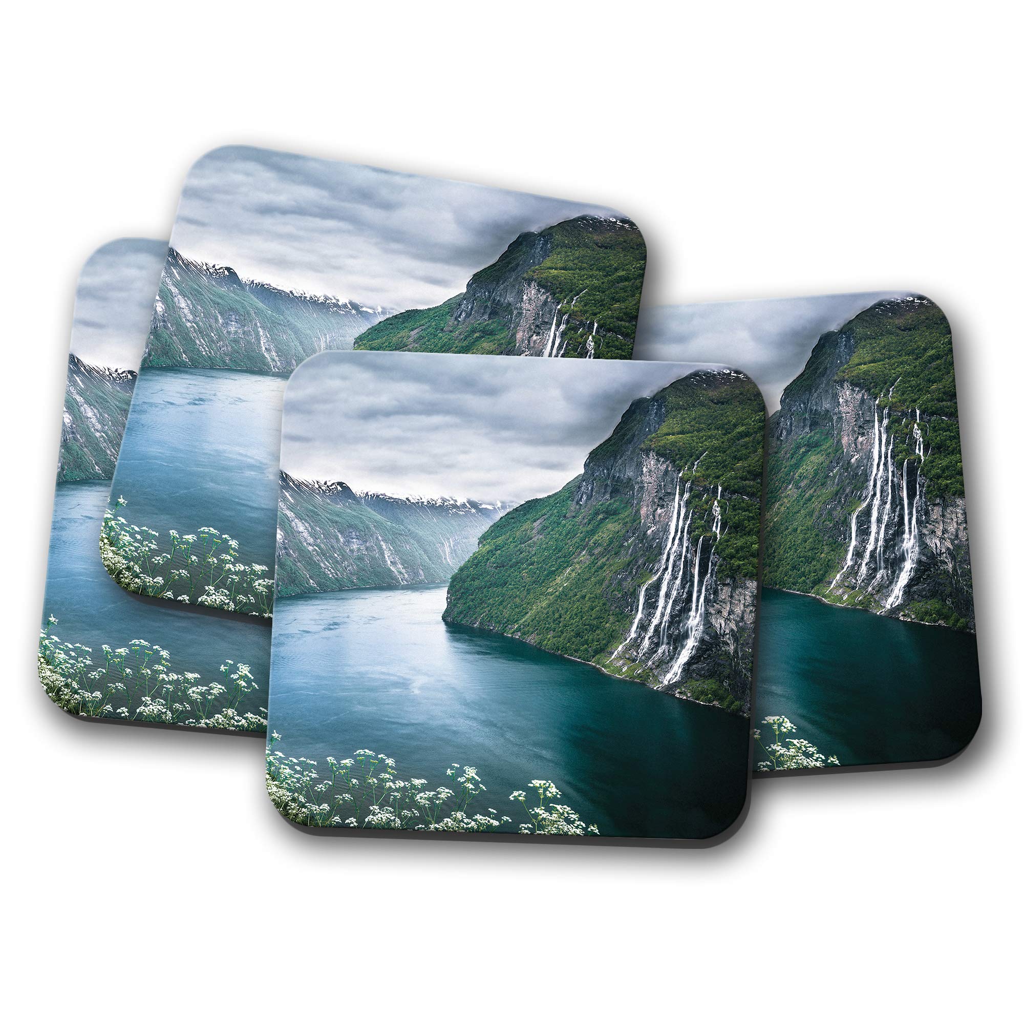 Destinationvinyl Multicolor 4 Set - Beautiful Norway Fjord Coaster - Waterfall River Travel #13012