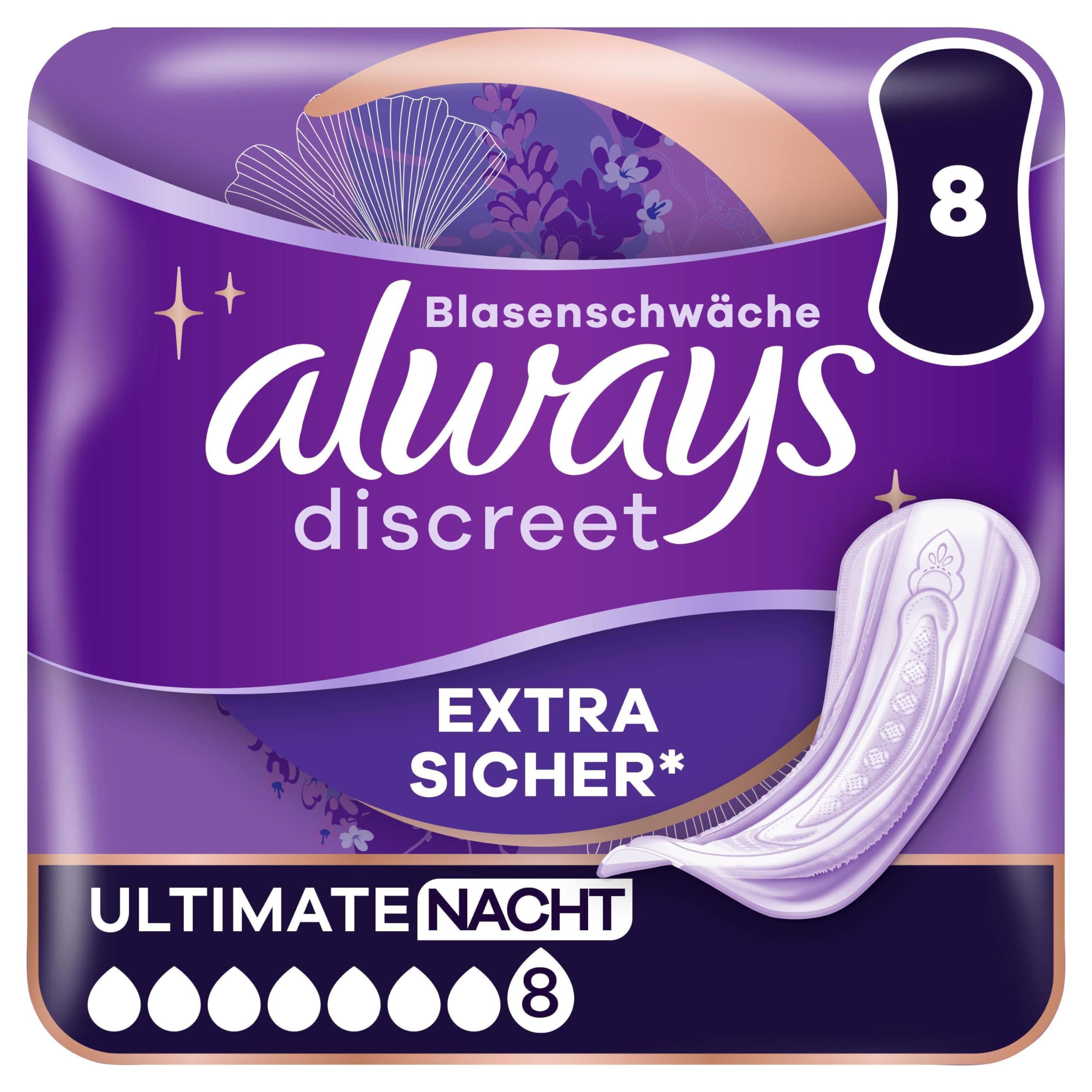 Always Discreet Ultimate Night Incontinence Pads for Women, Pack of 8
