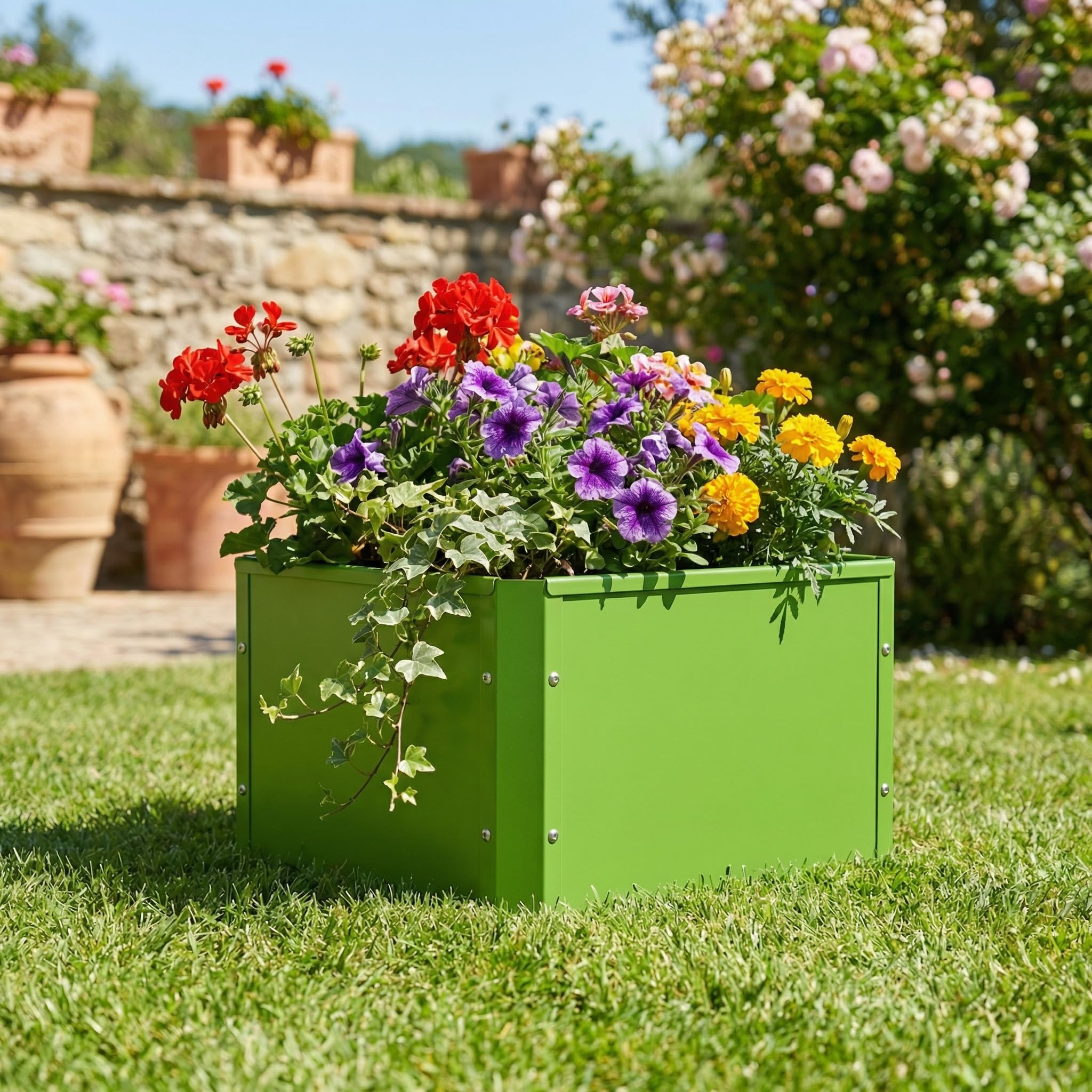 VCM Metall Hochbeet 50x40x30 cm, rechteckiger Pflanzkasten für Balkon Terrasse Garten, Blumenkasten mit und Auch ohne Boden nutzbar, Balora M Grün