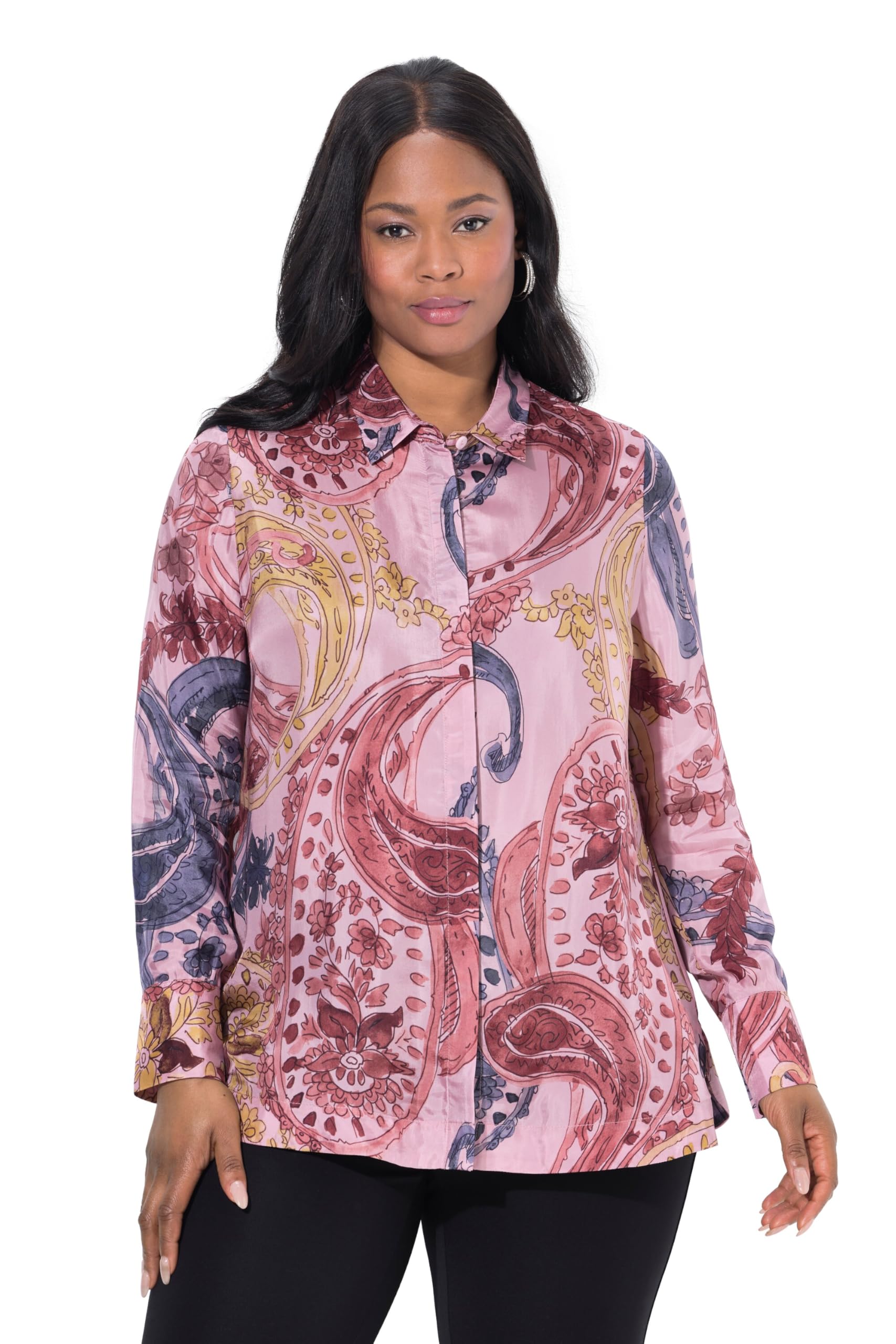 Ulla Popken Damen große Größen Übergrößen Plus Size Cuprobluse, florales Design, Hemdkragen, Langarm 840871