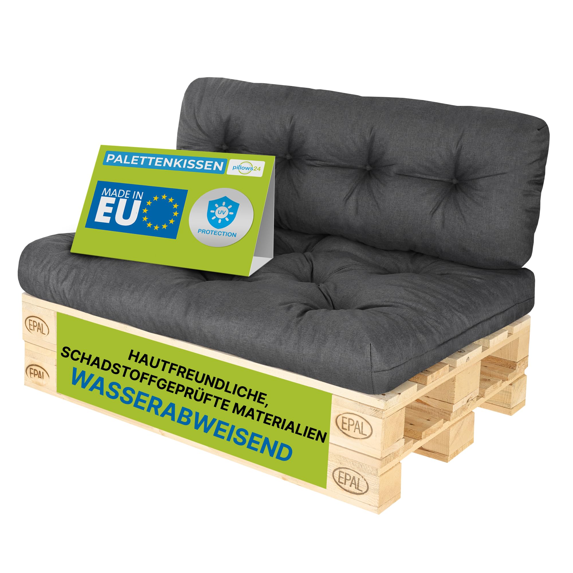 Zestaw 2 poduszek na palety | Pikowane siedzisko i oparcie do mebli z europalet | Do ogrodu i wnętrz | Wodoodpychająca tkanina z ochroną UV | Wyprodukowane w Polsce | Grafit