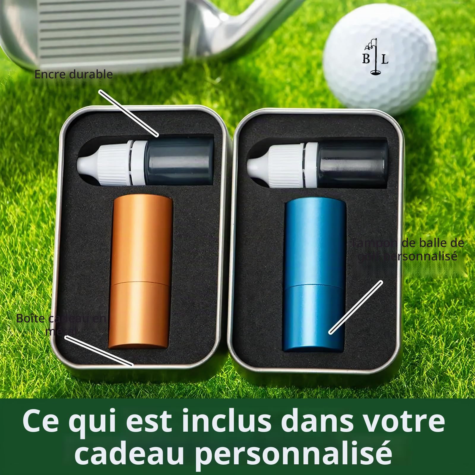 Tampon Golf Personnalisable - Étui Métal, Marque-Balles Réutilisable - Cadeau Golfeur, Père, Mari (Fête des Pères, Anniversaire, Noël)