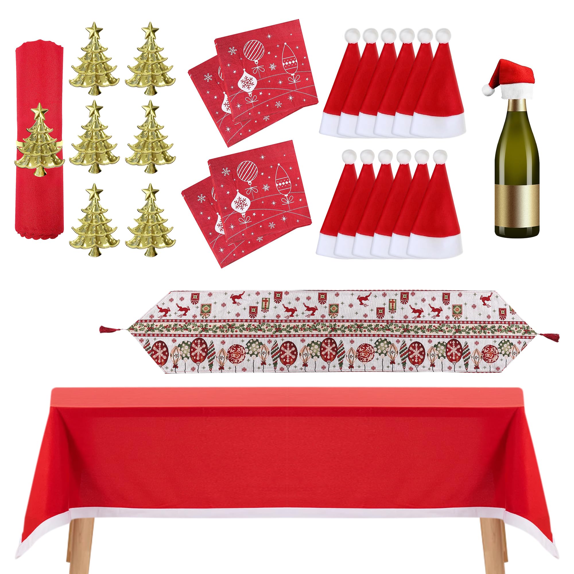 Fournitures de fête de Noël : ensemble de nappe rouge, chemin de table renne et serviettes