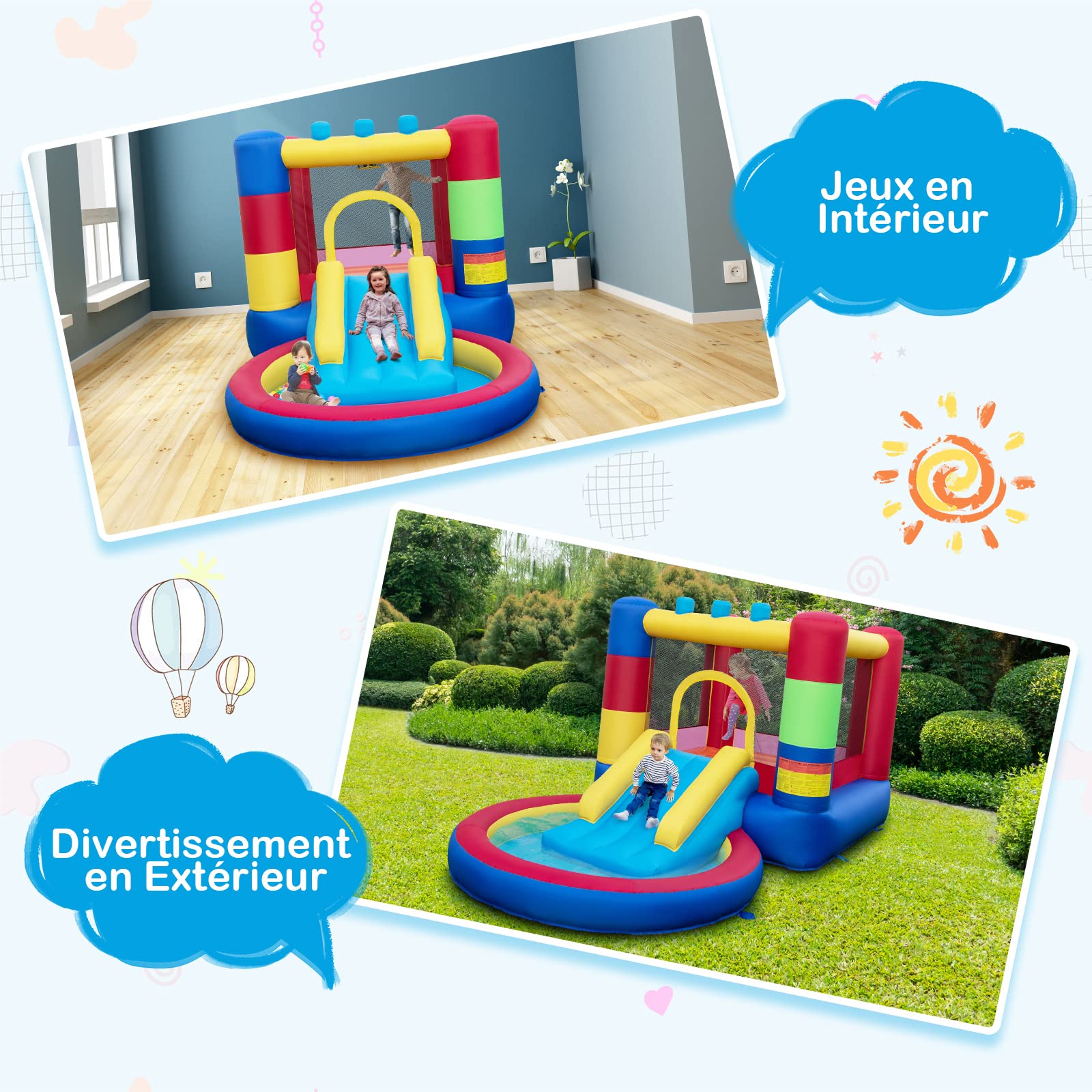 COSTWAY 5 En 1 Château Gonflable Enfants Avec Toboggan Double, Parc