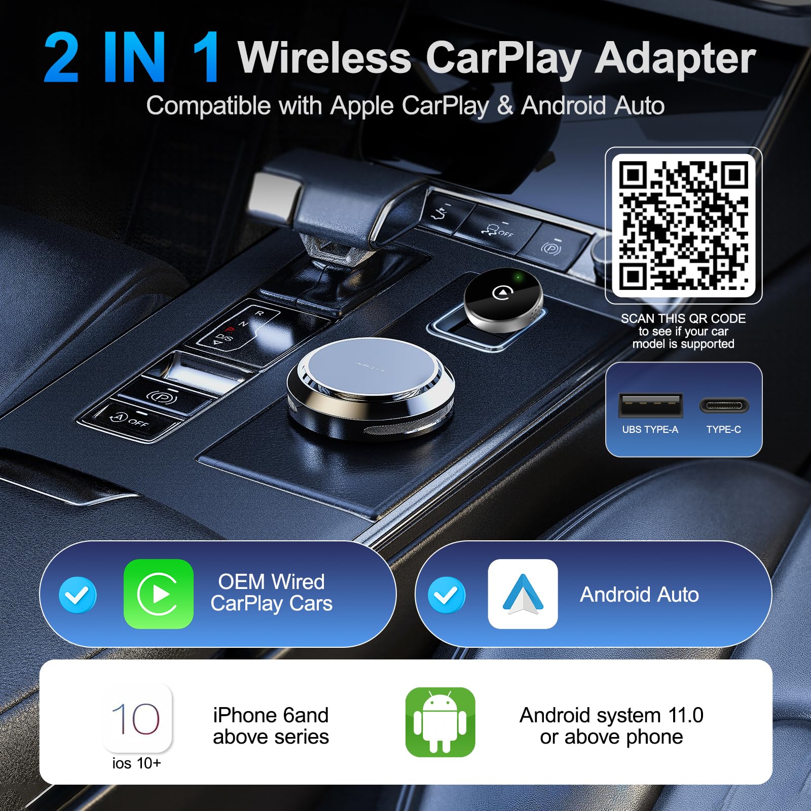 Adaptateur sans fil CarPlay 2 en 1 pour CarPlay & Android Auto, mis à niveau filaire vers Mini Car Play avec rallonge USB de type C, compatible avec Apple iPhone iOS 10+ et véhicules avec Wired
