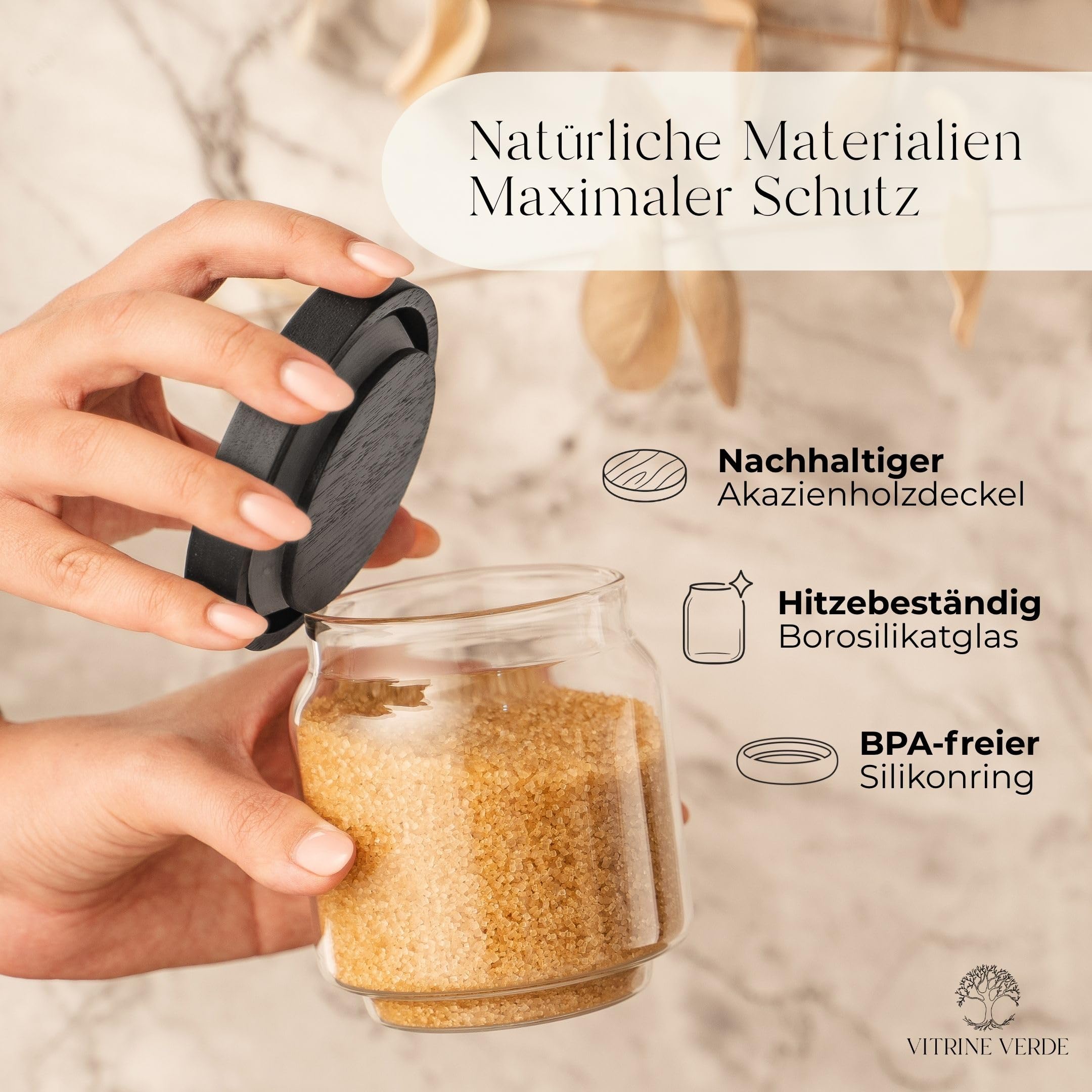 Vorratsgläser 6er Set mit Schwarzem Holzdeckel – Vorratsdosen Glas Luftdicht mit Deckel Stapelbar – inkl. 46 Etiketten & Marker – Borosilikatglas LFGB geprüft