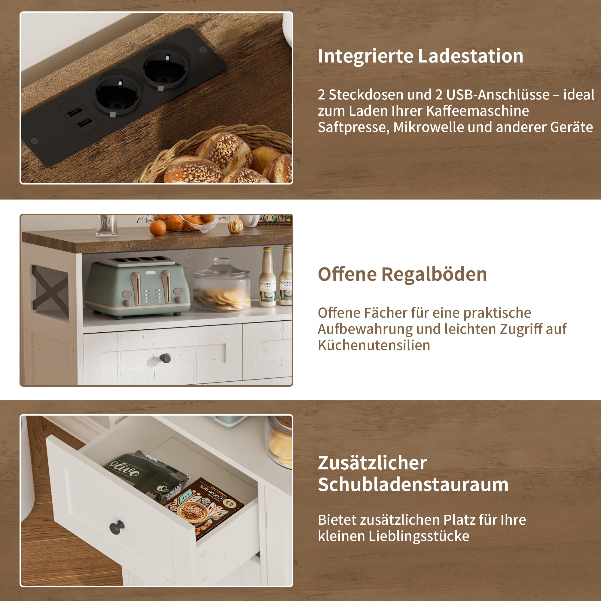 BonVache Sideboard, Küchenschrank mit Schubladen, Aufbewahrungsschrank, Anrichte mit Offenem Regal, Kaffeebar Schrank für Küche, Esszimmer, Wohnzimmer, 130 x 35 x 95cm, Cremeweiß in Holzoptik