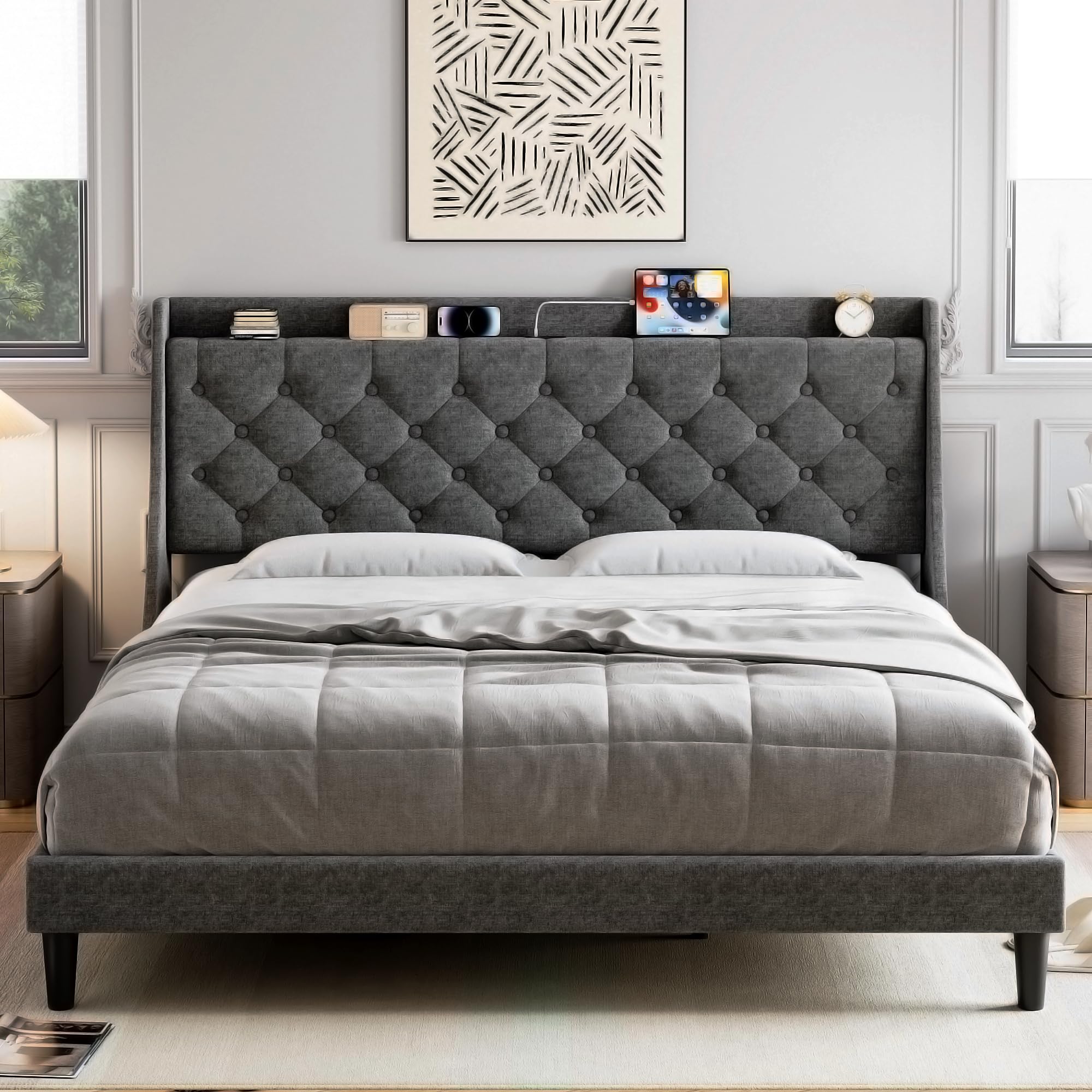 GarveeHome King Size Bed Frame with Charging Station and Wingback Headboard, Button Tufted Upholstered Platform Bed with Storage Headboard, No Box Spring Needed, Noise-Free, Easy Assembly, Dark Gray