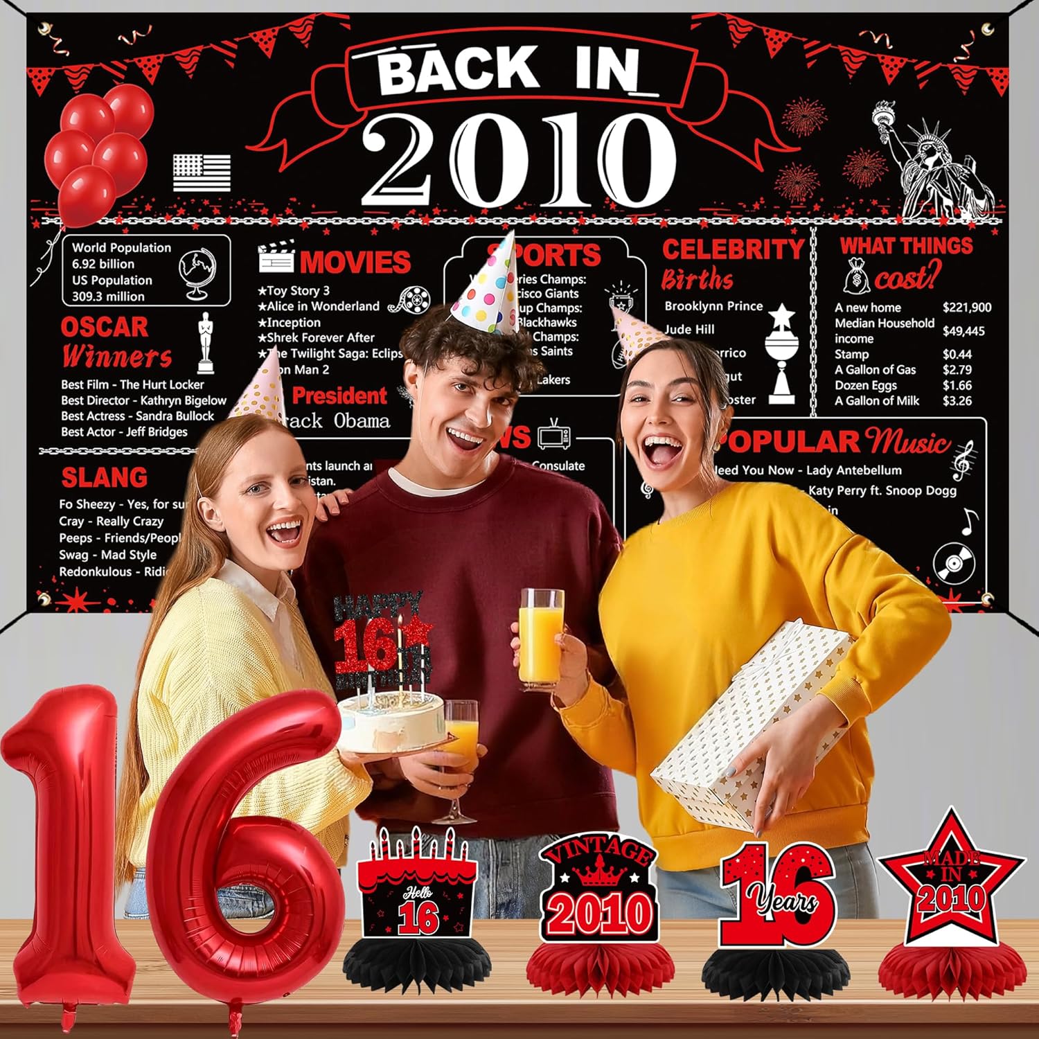 DARUNAXY 16th Birthday Party Decorations for Boys, Black Red Back in 2010 Banner, Red 16 Number Balloons & Cake Topper, Vintage 2010 Sweet 16 Birthday Honeycomb Hanging Swirl Confetti Balloons(30PC)