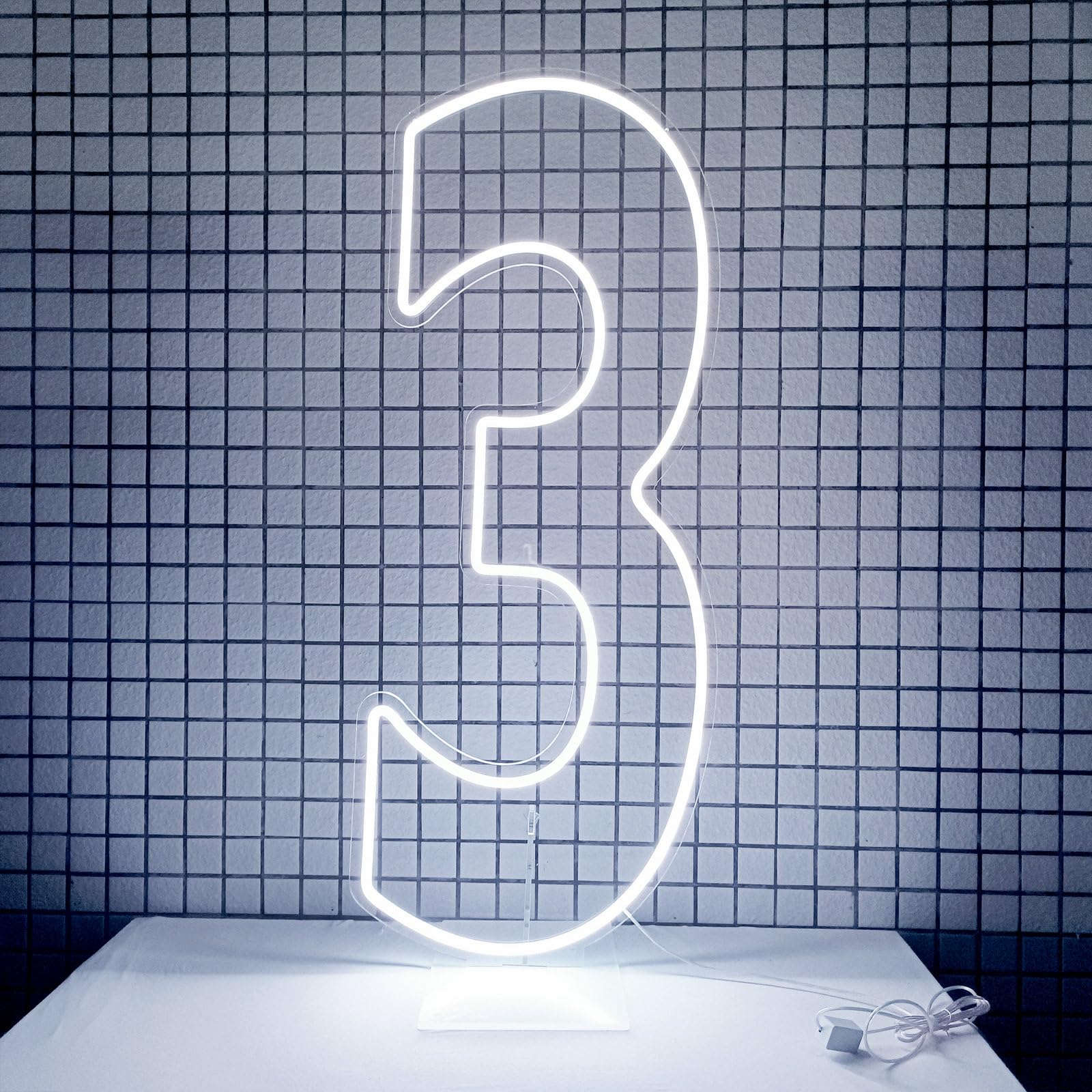 DS&DV Led Neon Number 3 Light Sign,Dimmable Neon Letters with Stand Up Base for Party Decoration (30" Cool White, Number 3)