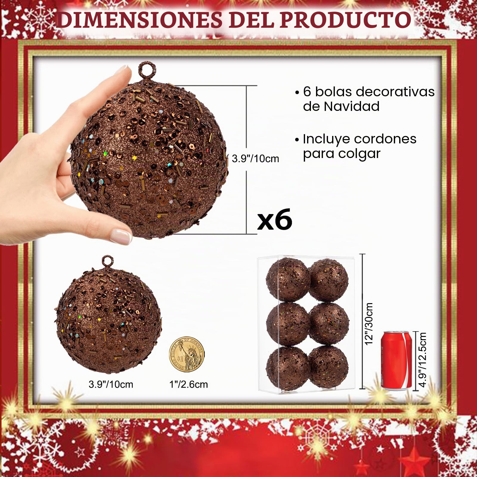 Oairse Bolas de Navidad grandes de 10 cm, 6 bolas de bronce inastillables para árbol, decoración de Navidad, vacaciones, boda, fiesta