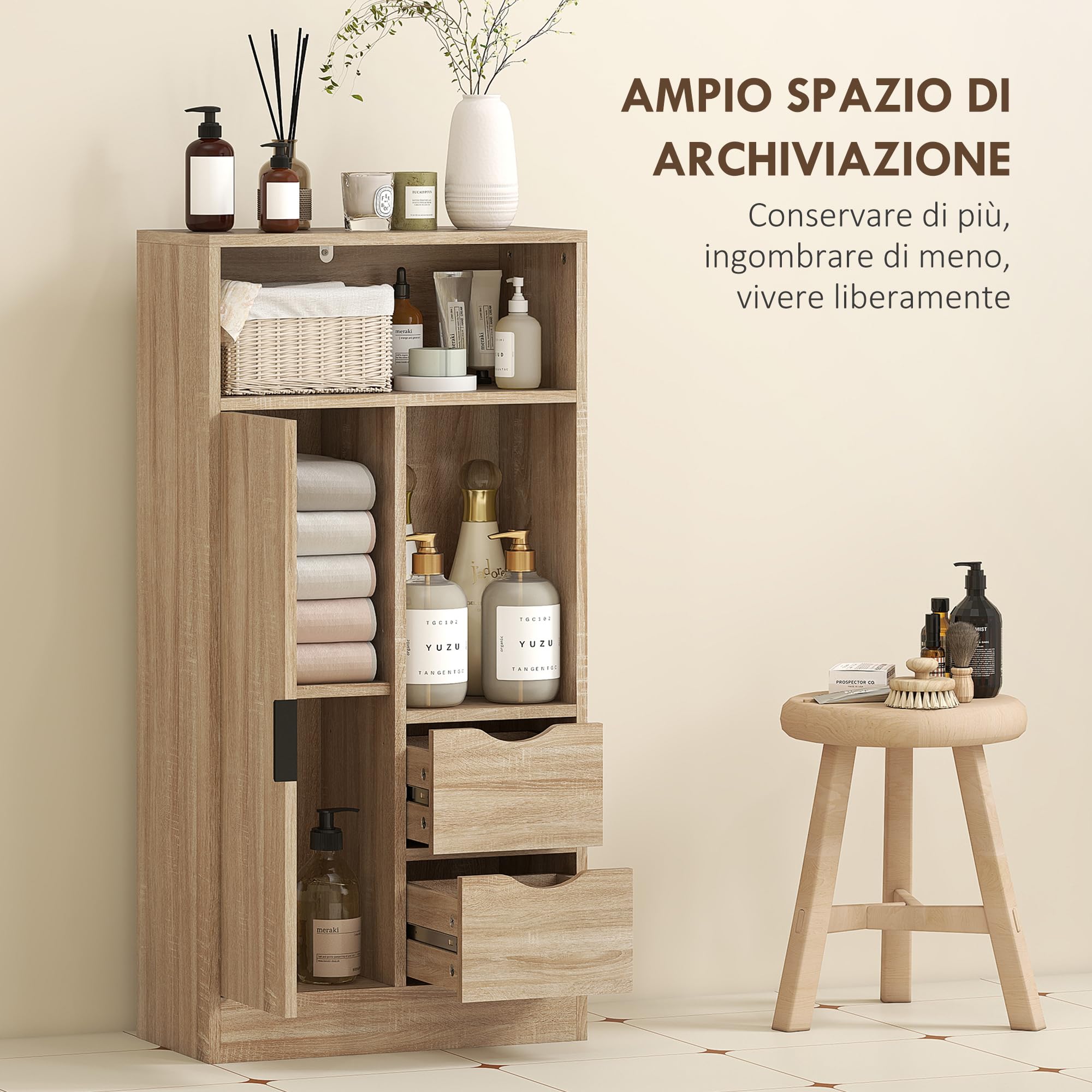 HOMCOM Mobiletto Bagno Salvaspazio Slim, Mobile Bagno con 2 Cassetti, Ripiani Regolabili a 3 Livelli e Armadietto, Stile Nordico, 50x25x100 cm, Legno Naturale