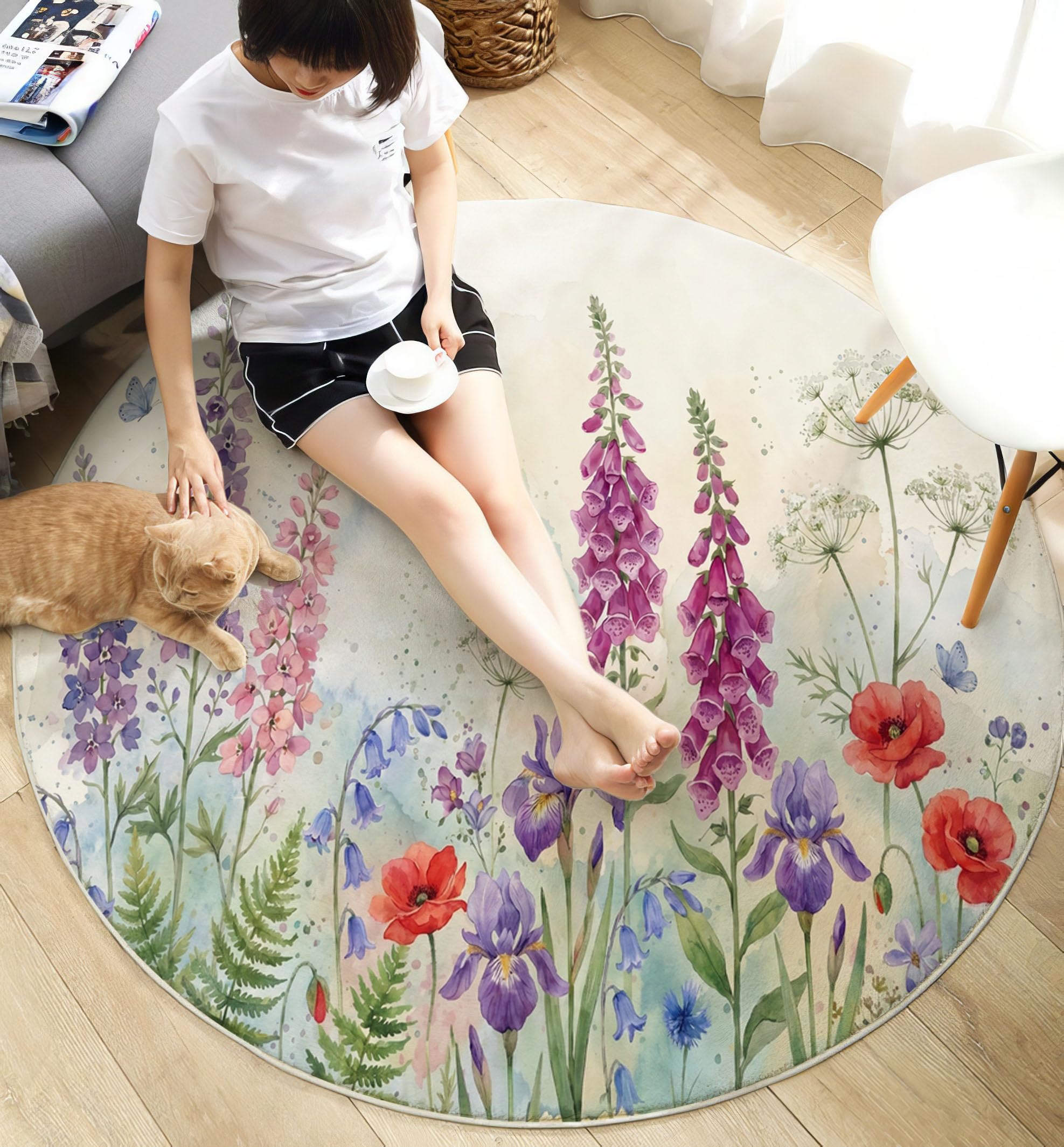 Tapis Rond Fleurs Sauvages À L'Aquarelle Bleu-Vert Salon 180 Cm | Tapis Antidérapant Nature Digitale Iris Pour Chambre Enfant Salle Jeux Décoration, Moquette De Sol Poil Bas Lavable
