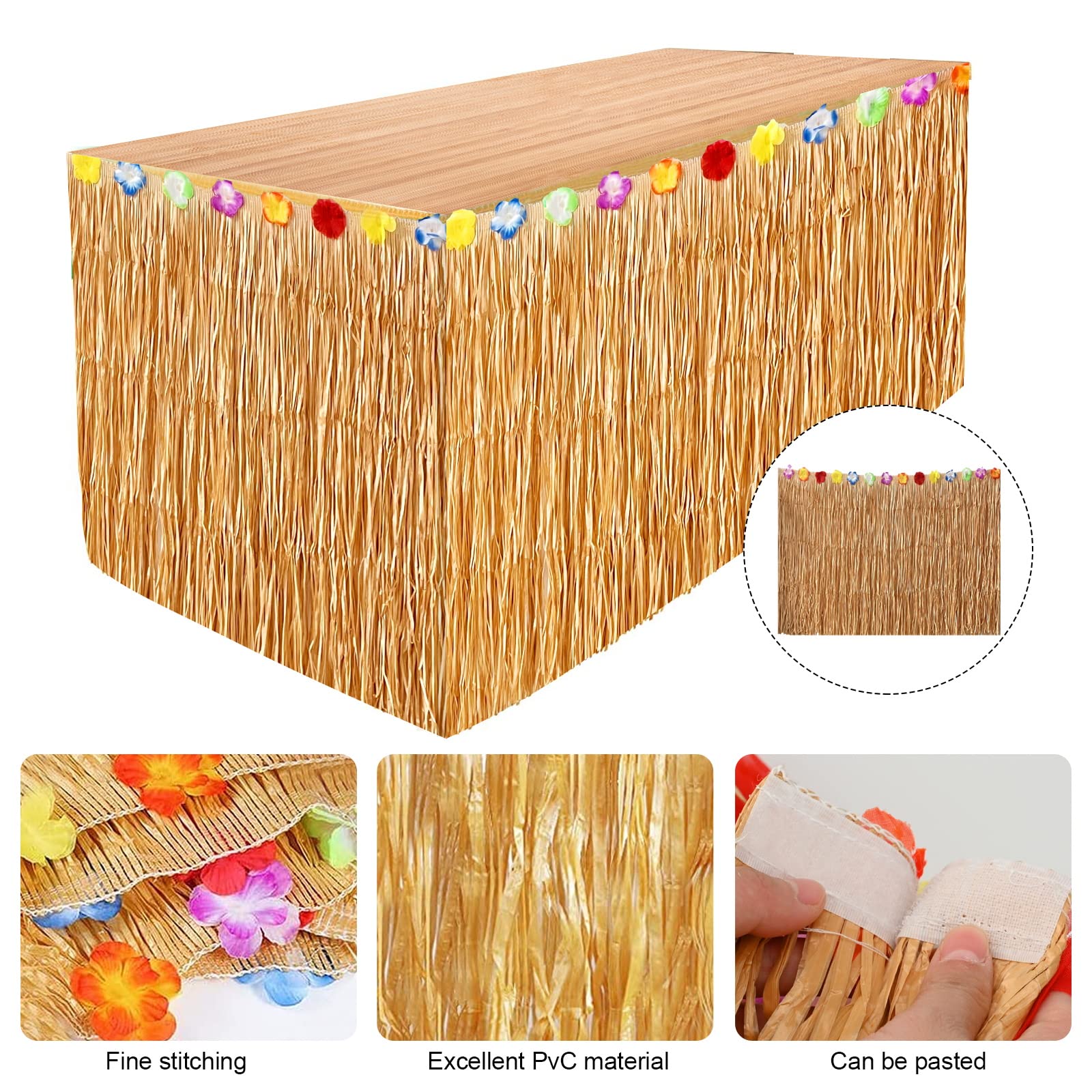 Hileyu Hawaiian Luau Tisch Rock Set 3pcs Hawaiian Party Dekorationen 9.6ft Gras Tischdecken mit Hibiskus Blumen und aufblasbarem Palmenbaum für Sommer Pool Hawaiian Beach Party (Yellow)