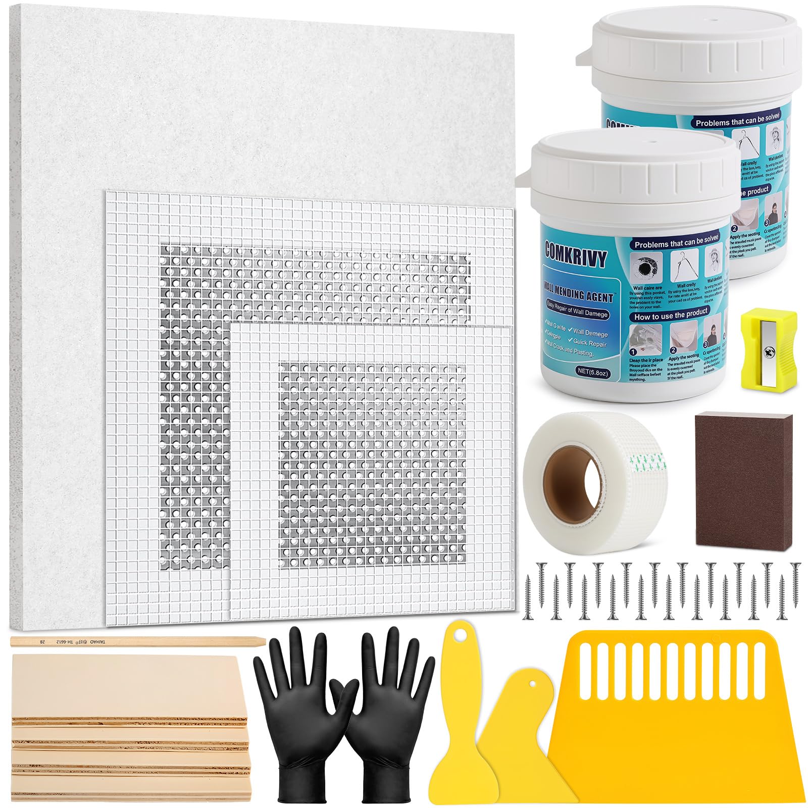 37 Pcs Drywall Repair Kit with 12"x12" Dry Wall Panel, Dry wall Patch Kit Sheetrock Repair Kit with Spackle, Mesh Tape, Putty Knives &amp; Sanding Block for Sheet Rock Wall Surface Ceiling Large Hole Fill