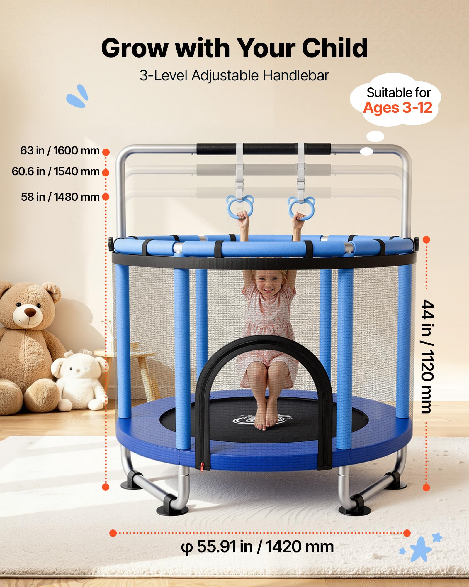 VEVOR Trampolino Elastico per Bambini Rete Protezione 142 cm Carico 60 kg, Trampolino Giocattolo Esercizio Divertimento per Bambini da Interno Esterno Barra Regolabile Tappeto Integrato in PP