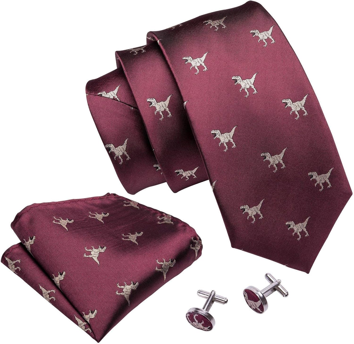 Barry.Wang Fun Animal Ties for Men Designer Handkerchief Cufflink WOVEN Casual Necktie Set A Burgundy Dinasour