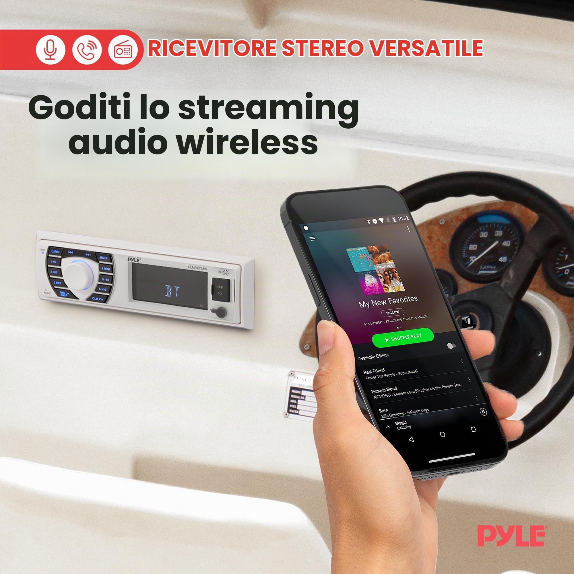 Pyle Autoradio Bluetooth Marina 12V Single DIN Per Yacht e Barca, Sistema Stereo con 4 Altoparlanti, Casse Audio Impermeabili, Microfono, Telecomando, Accessori Barca, Speaker, Bianco