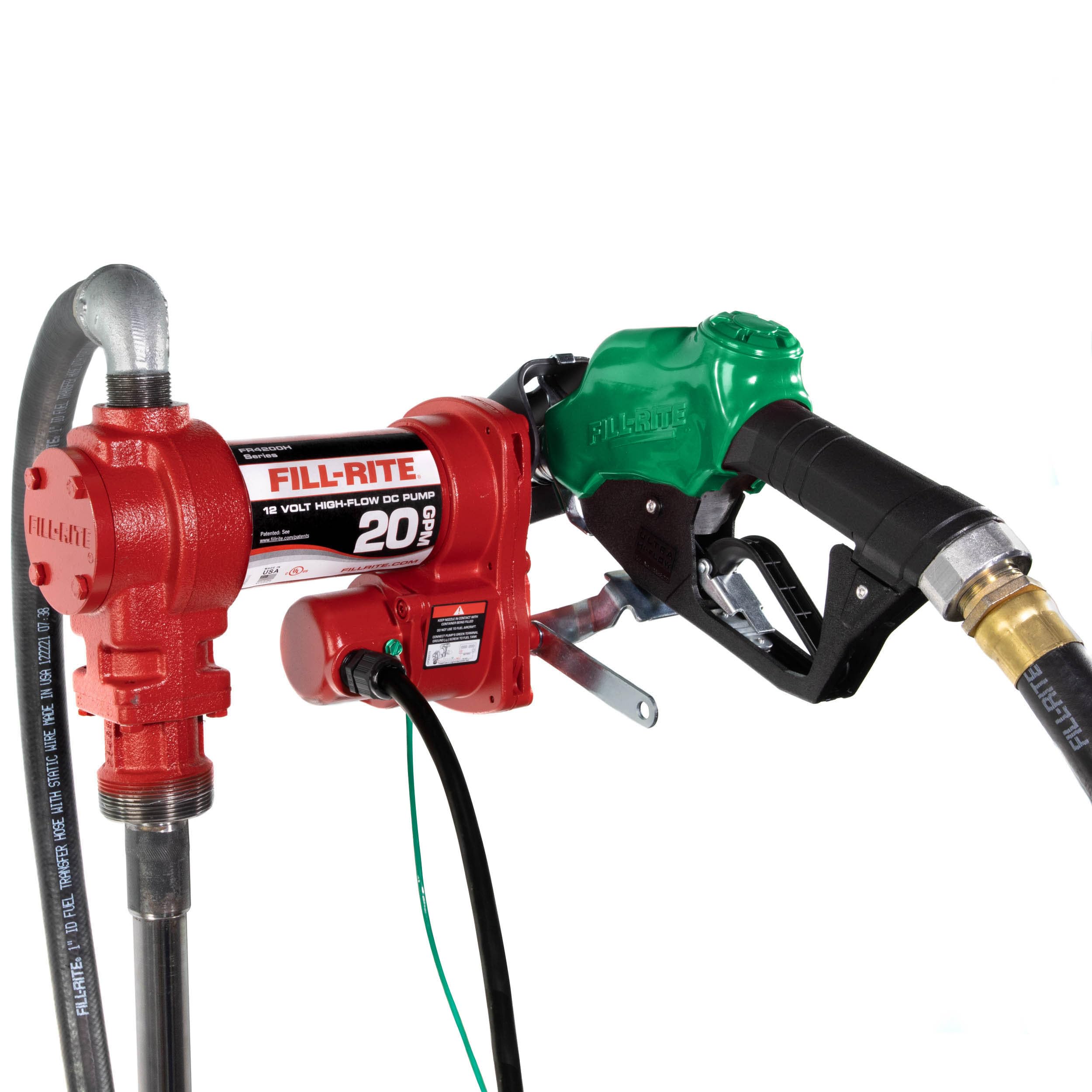Fill-Rite FR4210HB 12V 20 GPM Fuel Transfer Pump with Discharge Hose & Automatic Nozzle, Red Gasoline, Diesel, Kerosene, Ethanol & Methanol Blends &