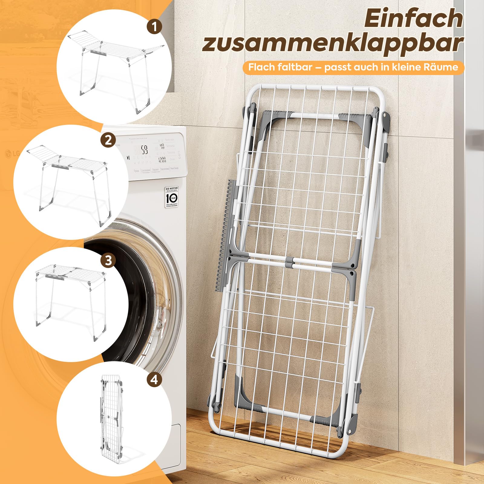 KINGBOARD Wäscheständer klappbar groß, Flügelwäscheständer ausziehbar 174x97x156 cm, Stabiler Wäschetrockner Ständer mit rutschfesten Füßen, Standtrockner faltbar für Innen und Außen, Weiß