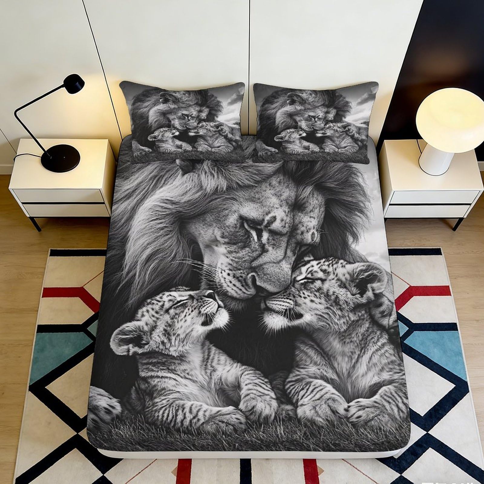 3D Printed Lion Family Fitted Sheet Microfiber Non-Slip Deep Pocket Lion Design Mattress Fitted Cover Washable Soft Breathable Bedding 200x200x25cm 90x200x25cm