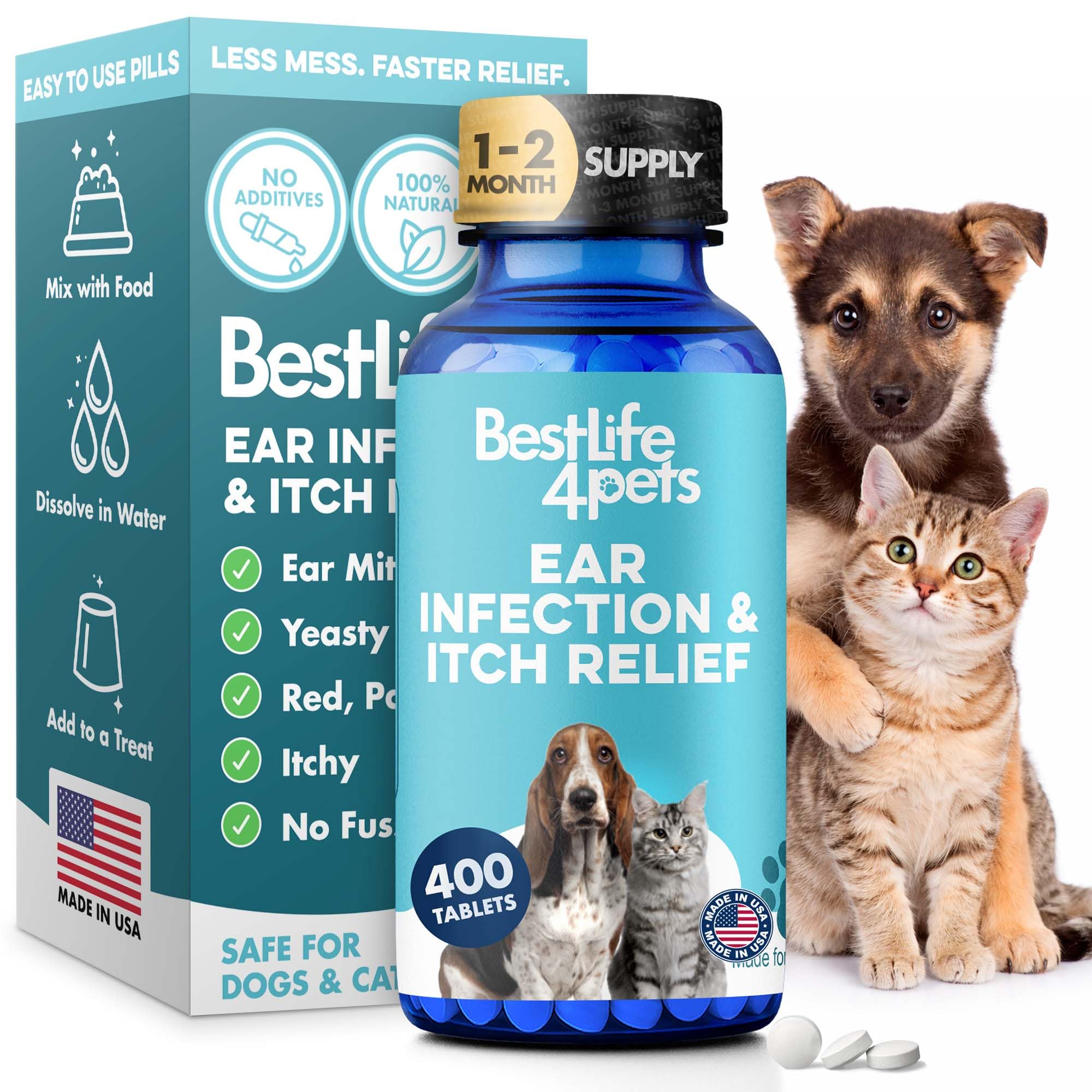 - Itch Relief and Ear Infection Treatment for Dogs & Cats, Natural Ear Mites Treatment for Cats and Dogs Soothes Itchy Ears, Reduces Swelling, Otitis, Pain & Inflammation, 400 Easy to Give Tiny Pills