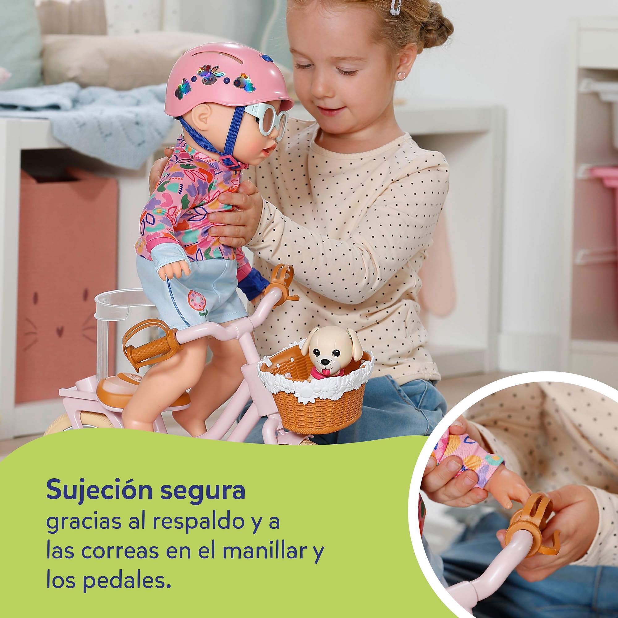 BABY born Bicicleta con Lucky, Bicicleta para muñecas con Cesta, Manillar y Pegatinas