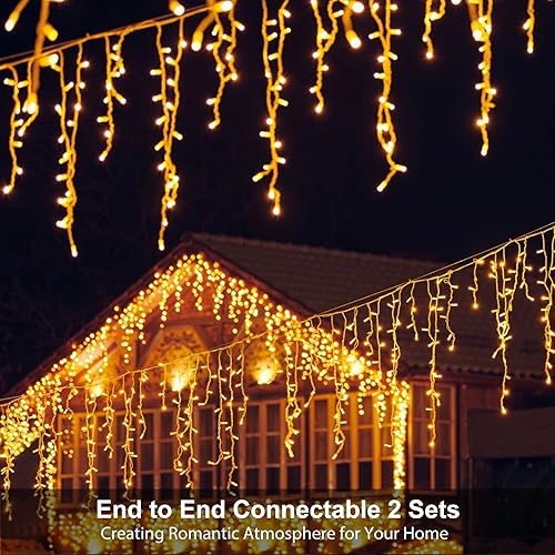 Miniatura 5 de Luces LED de Navidad para exteriores, 520 luces LED de 49.2 pies, 8 modos con 80 gotas, luces de carámbano blancas cálidas, control remoto para