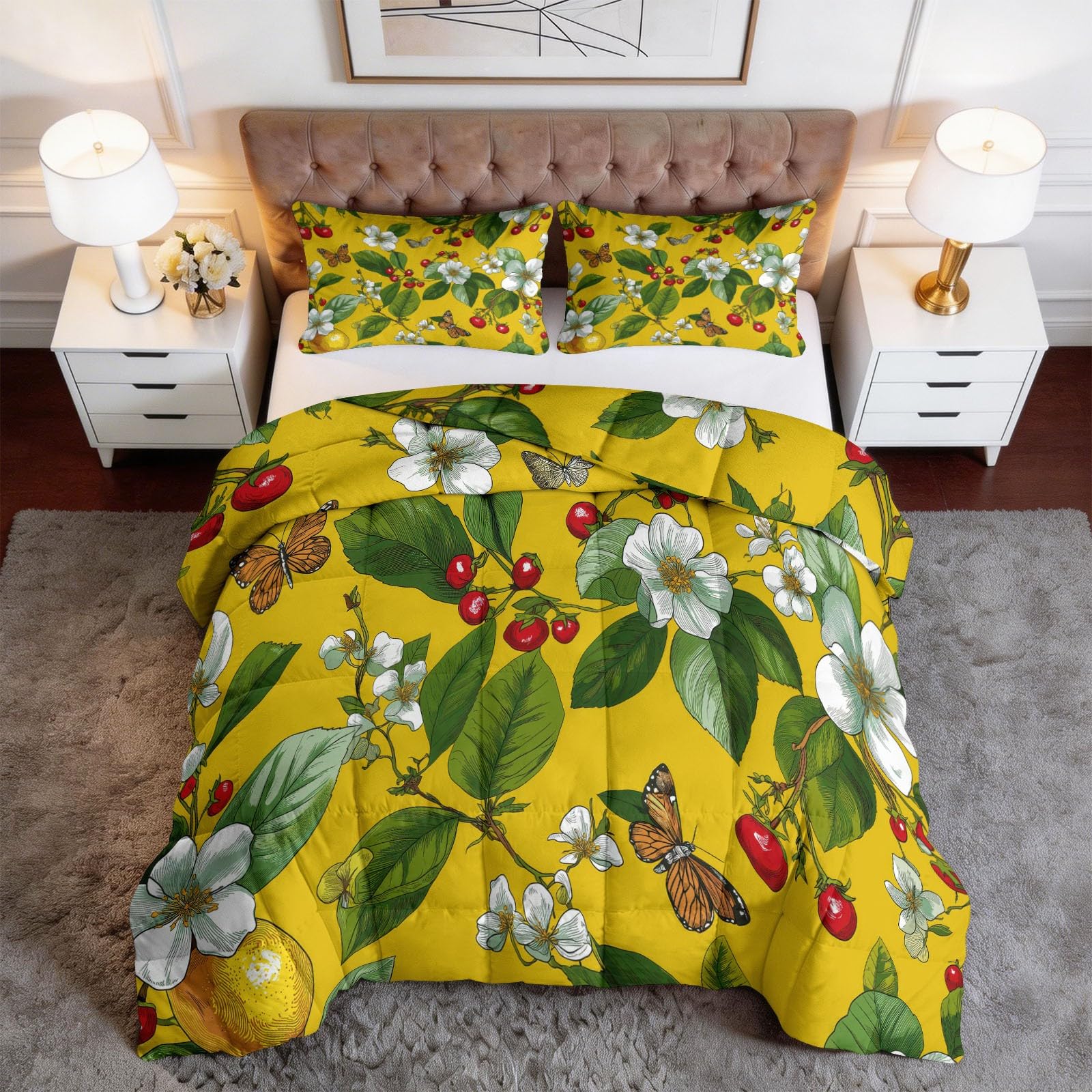 Marienkäfer Schmetterling Beeren Bettdecke 155 x 220 cm 4 Jahreszeiten Steppdecke, Tropischer Stil Waschbare Ganzjahresdecke Kinder Bettwaren Set Babyzimmer Kinderzimmer Bettdecke Ohne Bezug