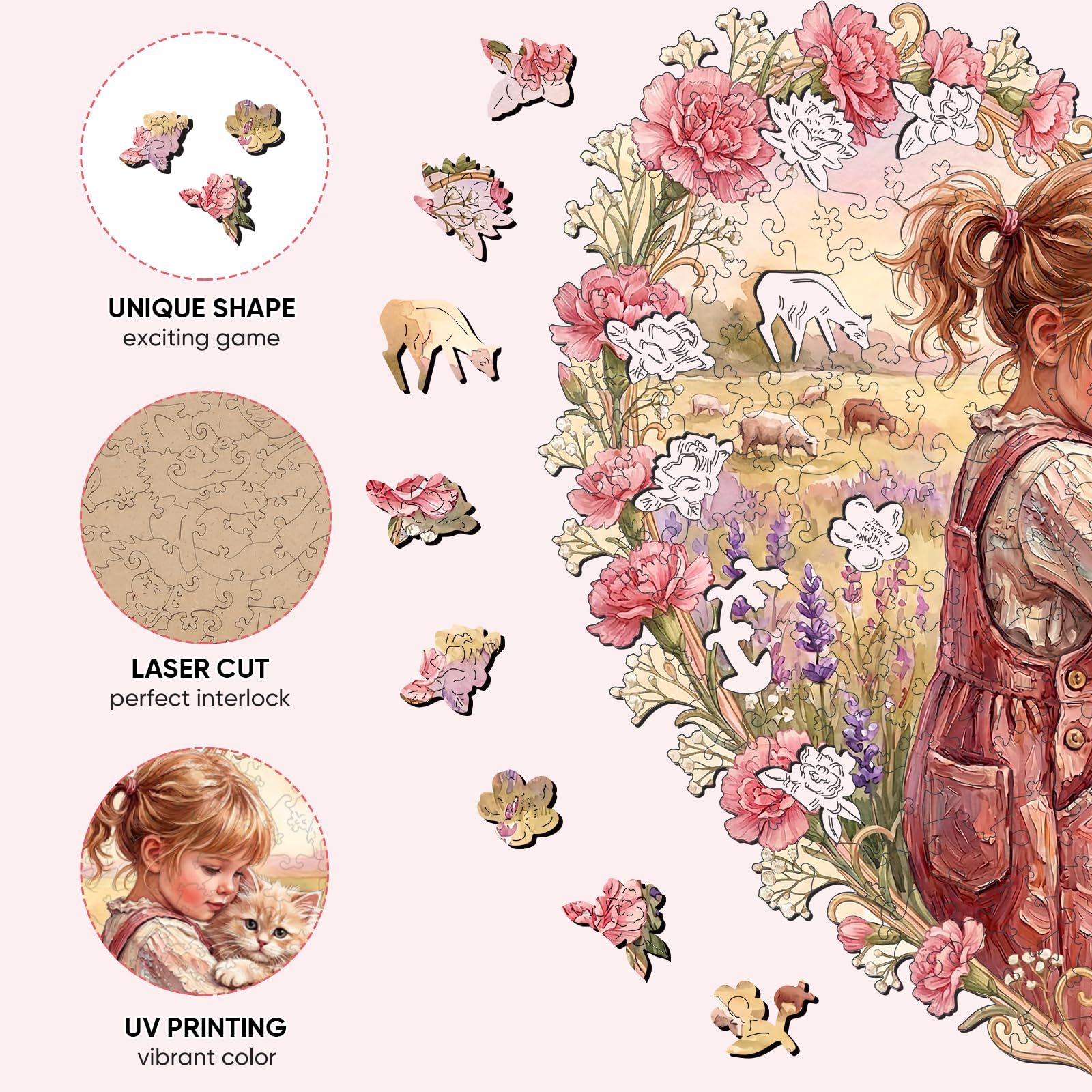 Ruikiyart Casse-tête en bois de 200 pièces en forme de cœur pour adultes, puzzle stimulant fille et chat avec pièces irrégulières uniques, parfait pour une soirée de jeu en famille, un anniversaire
