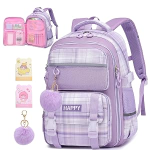 KEBEIXUAN Backpack for Girls - Cute Kawaii Plaid School Bag for Elementary Middle School Students Lightweight Travel Daypack