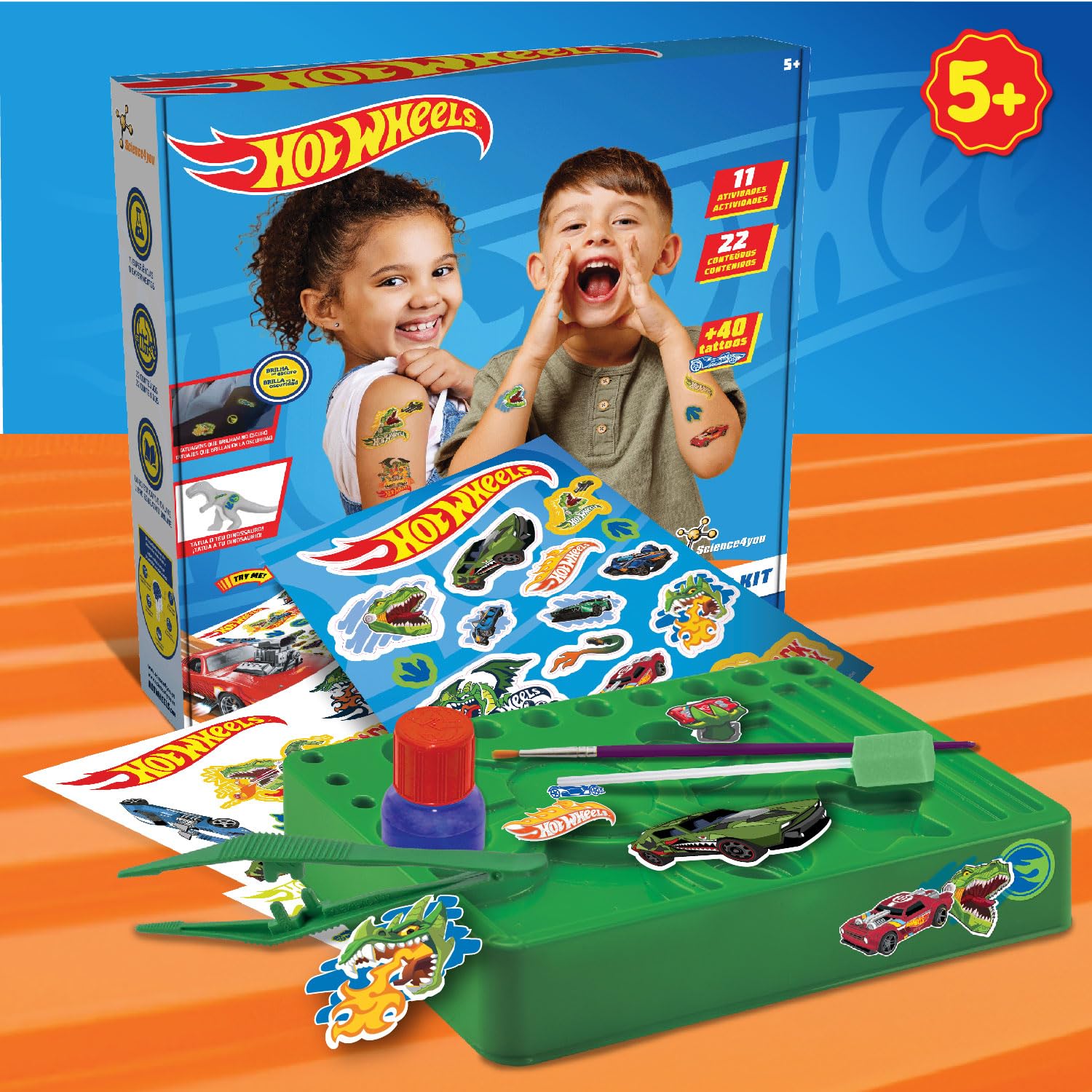 Tatuaggi Temporanei Hot Wheels Per Bambini - Kit Con 40 Tatuaggi Fosforescenti
