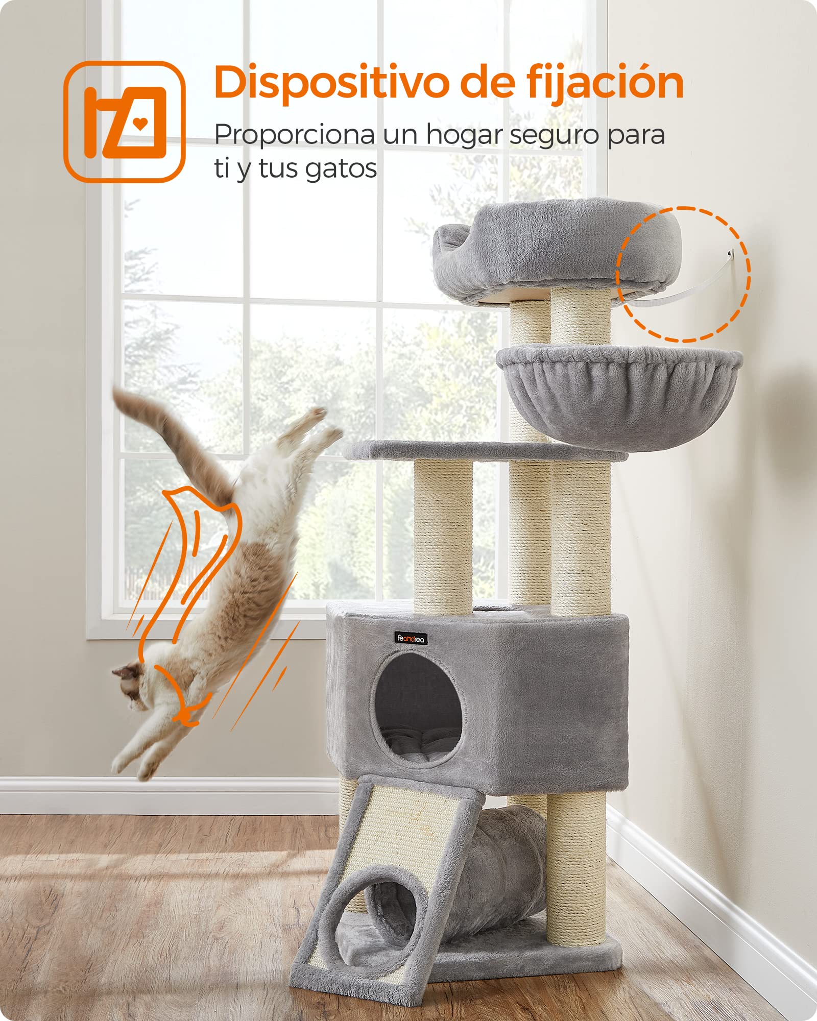 FEANDREA Árbol Grande para Gatos, Rascador para Gatos Tamaño M, Cueva, Hamaca, Plataforma de Felpa, Túnel, Columna de Cuerda de Sisal, Poste de Rascado, 50 x 50 x 141 cm, Gris Claro y Natural