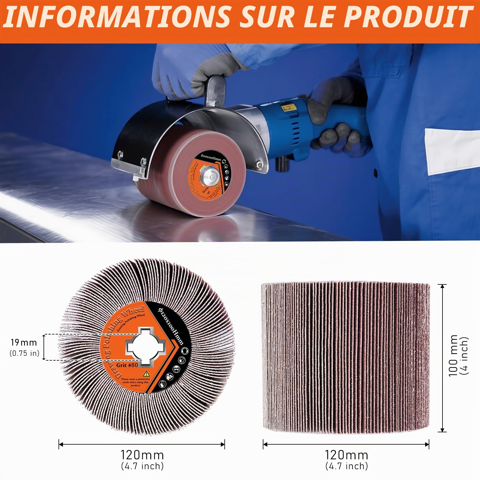 Rouleau abrasif grain 80 - Brosse en fibre synthétique pour machine à satiner - Rouleau abrasif pour bois, métal, surfaces en pierre, rénové, motif satiné