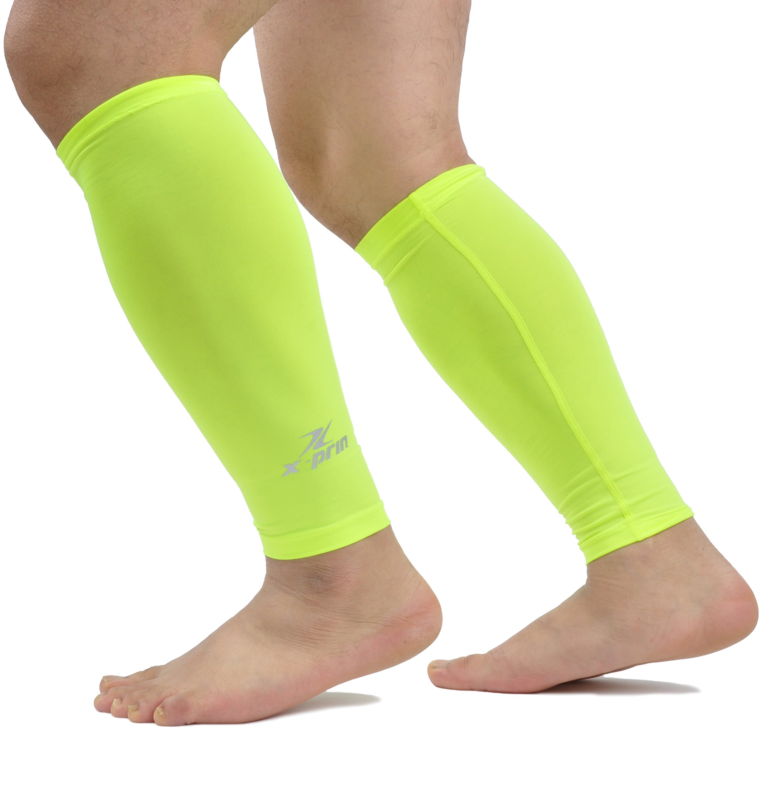 Xprin Calf Compression Sleeve Sports Unisex Leg Ankle Sun Protection One Pair (Neon Green, Medium)