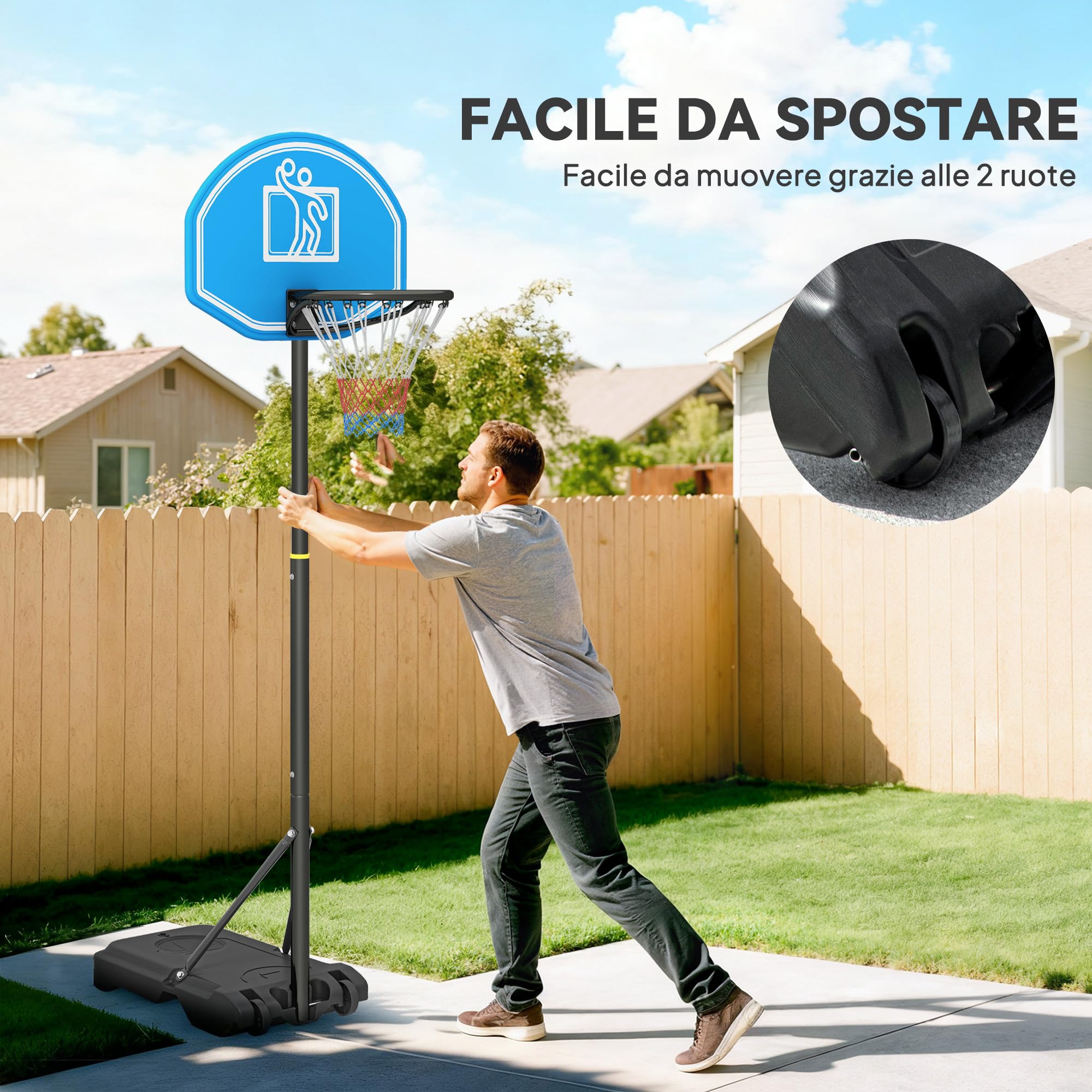 HOMCOM Canestro da Basket Altezza Regolabile 197.5-254 cm, Canestro Trasportabile con Ruote e Supporto, Blu