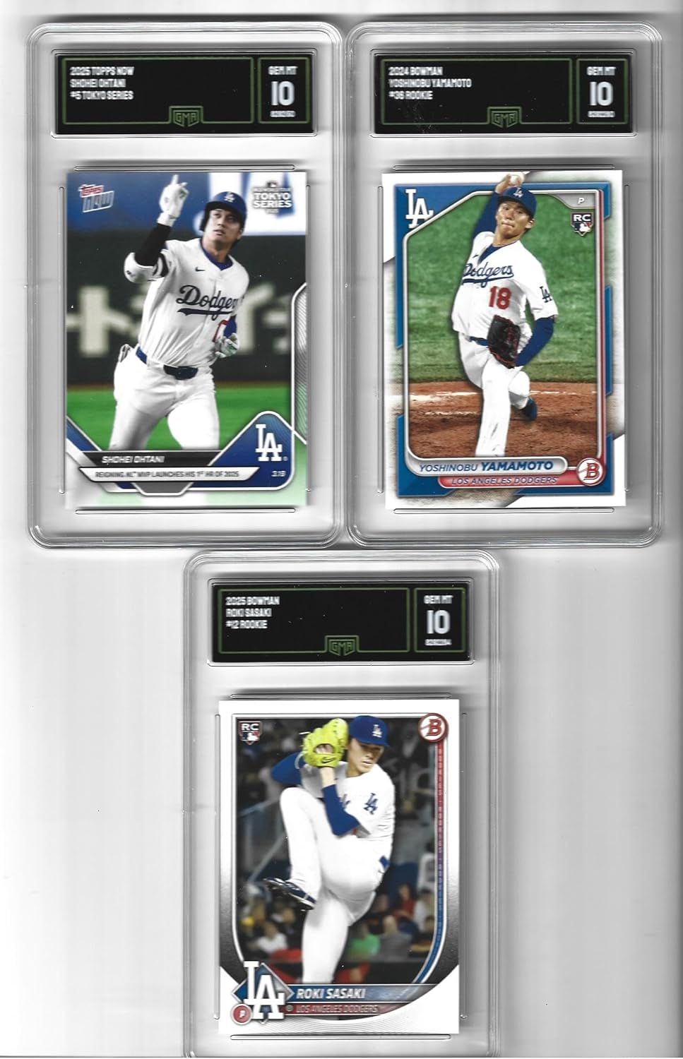 Graded Gem Mint 10 Shohei Ohtani 2025 Card #5 Tokyo Series and Yoshinobu Yamamoto & Roki Sazaki Basebell Rookie Card Dodgers World Series Champs. You Will Receive All 3 Cards Shown