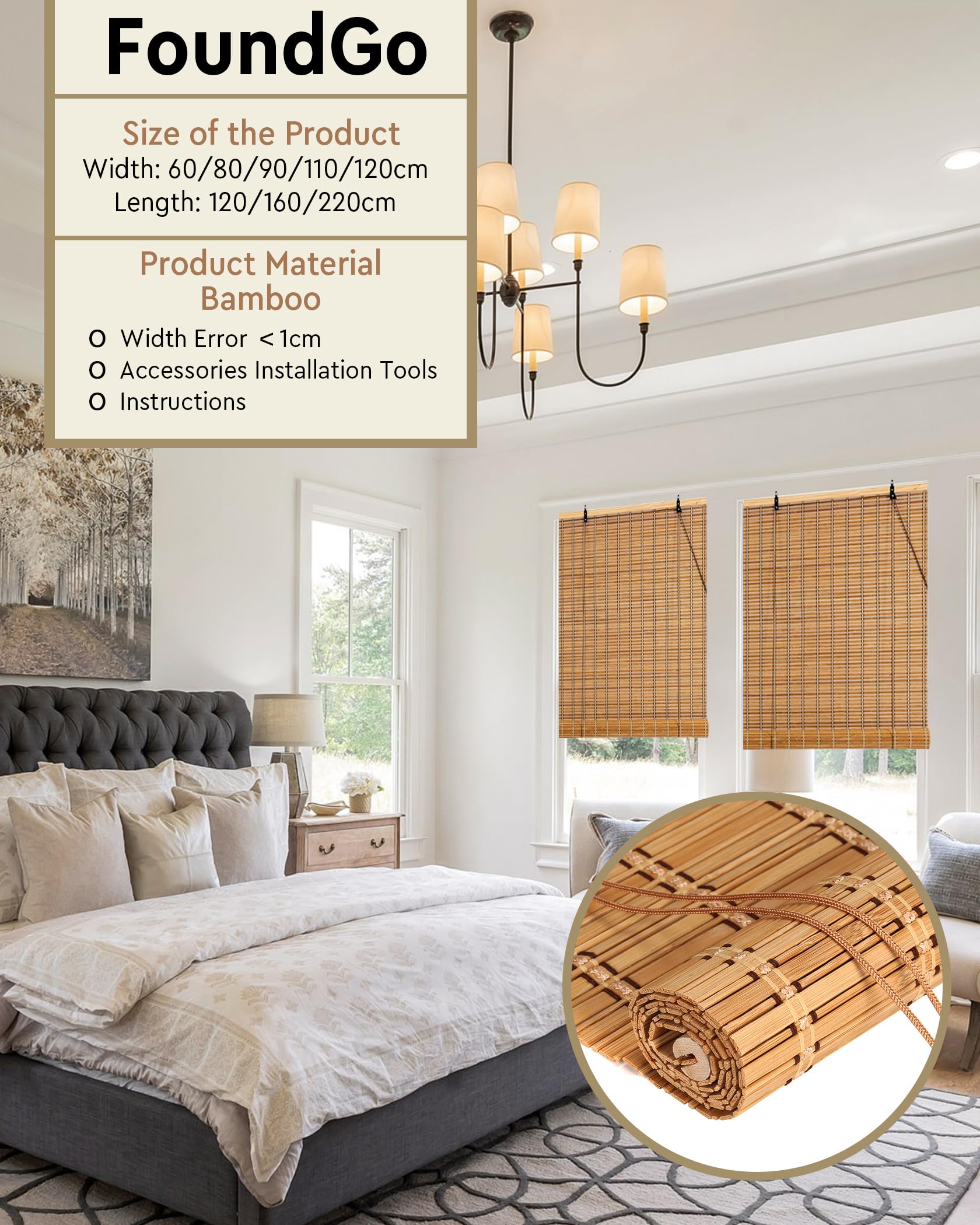 FoundGo Estor Enrollable de Bambú para Interiores, Persiana Opaca con Cordone Laterale,Cortina para Puertas y Ventanas Tamaño Personalizado(110x120cm)