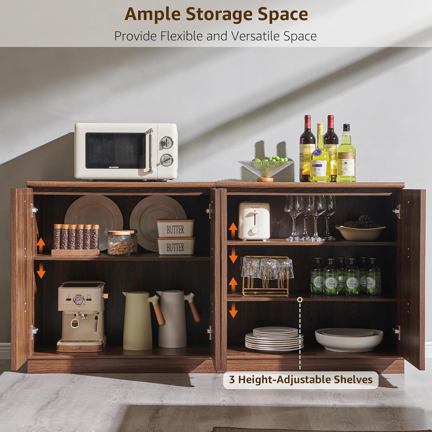 Buffet Cabinet with Storage & Arched Doors, 63 Inch Wood Modular Sideboard With Adjustable Shelf, Modern Coffee Bar Tables Accent Cabinets for Living Room, Kitchen or Entryway (Walnut, 2 Piece)