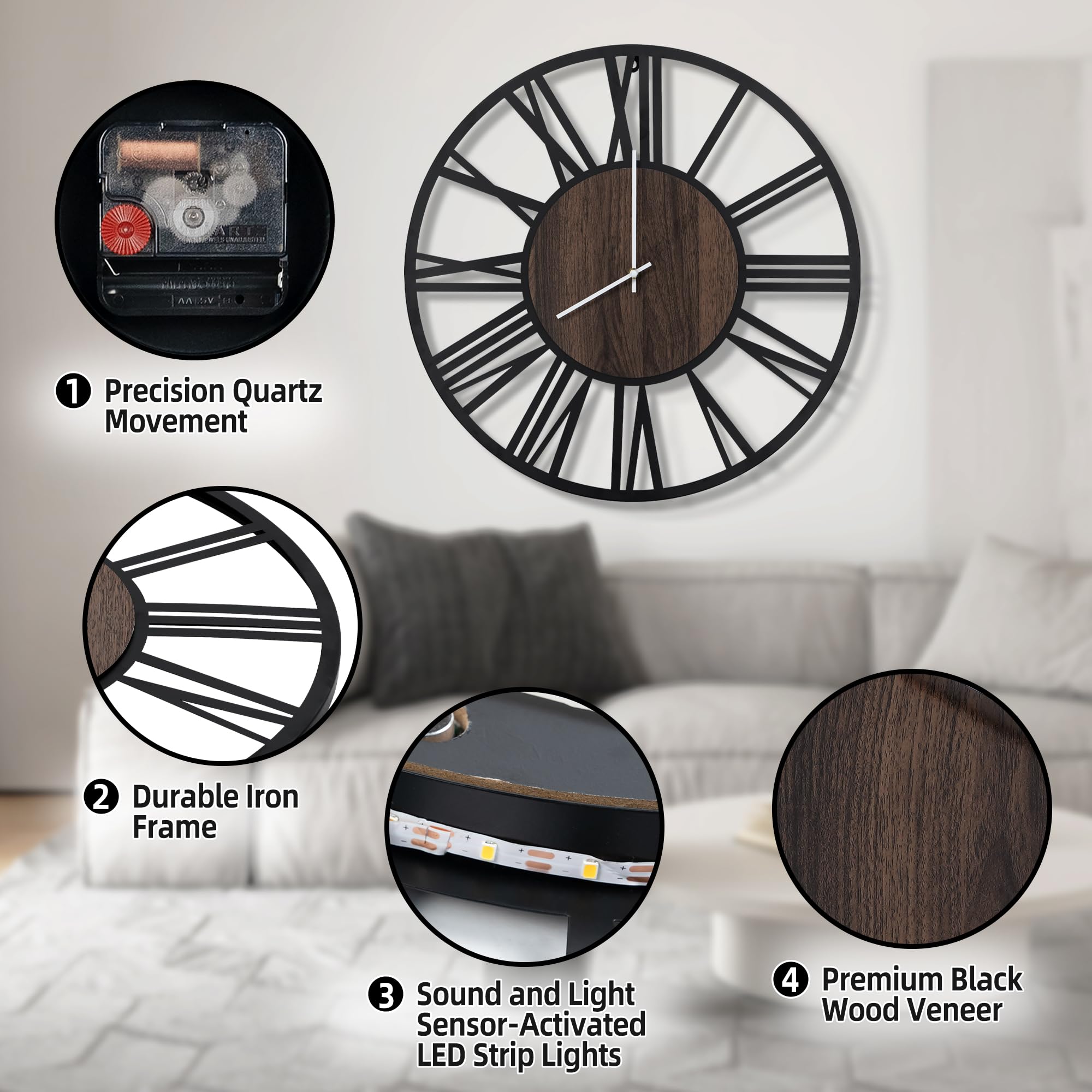Maxstar Horloge Murale 80cm Silencieuse Style Bois Métal LED Moderne Chiffres Romains Noir