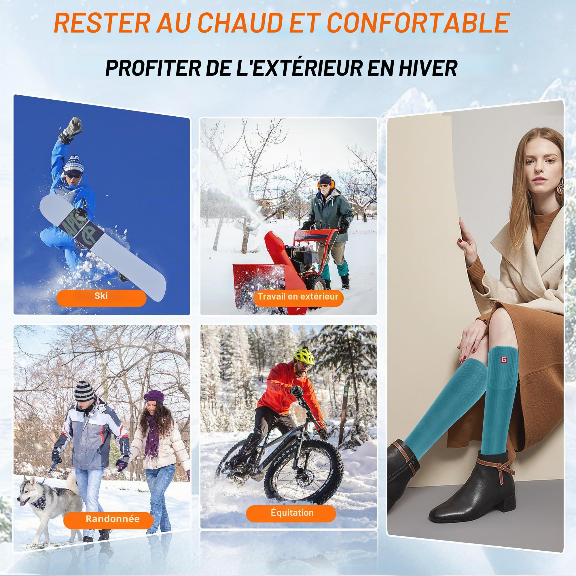 Svpro Chaussettes chauffantes, rechargeables pour homme et femme, chaussettes thermiques pour temps froid, pour le ski, l'hiver, le camping, la randonnée