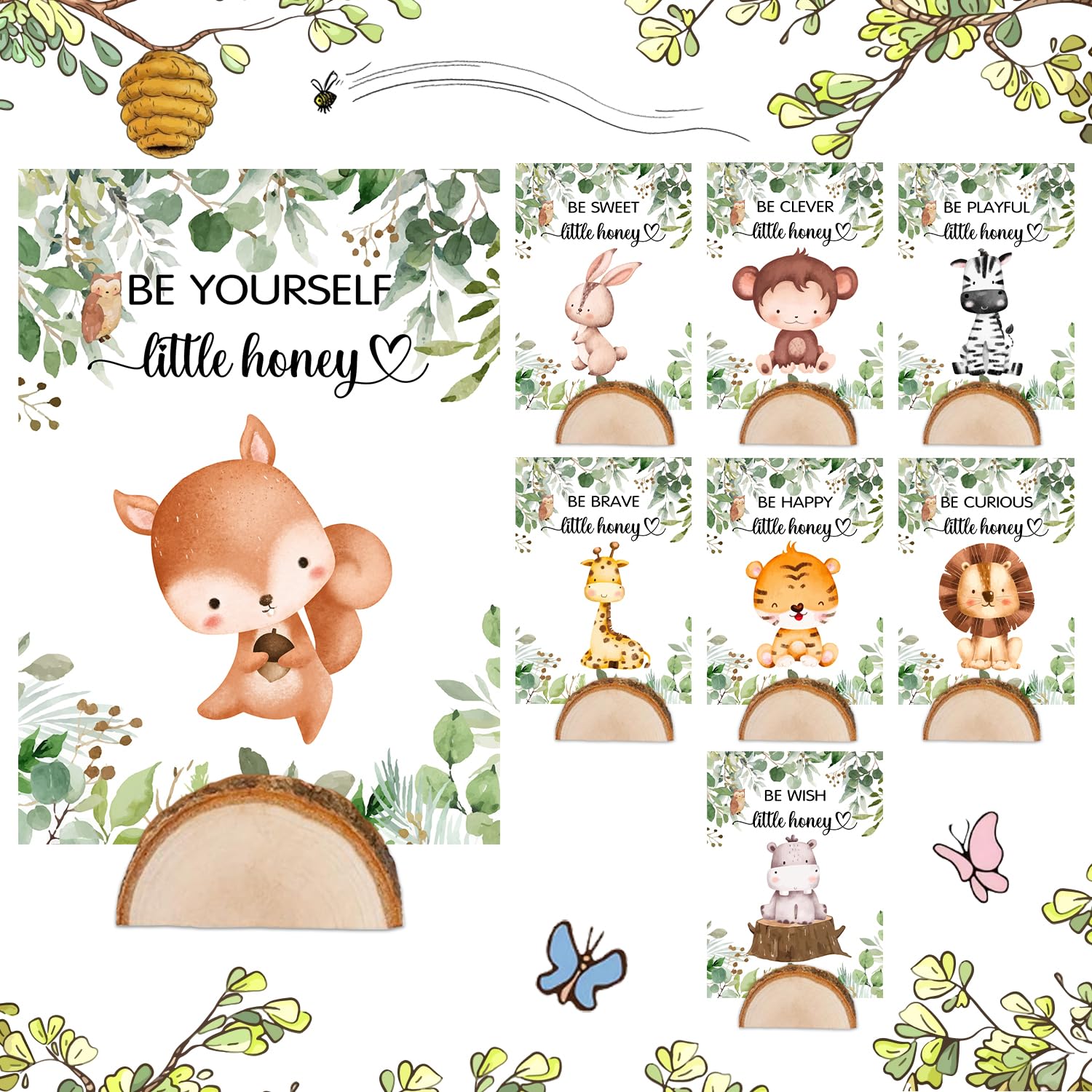 Woodland Baby Shower Centerpieces 8Pcs, Safari Jungle Wild Animal Party Cards with Wooden Stands, Double Nature SageTable Decorations, Wild Animal