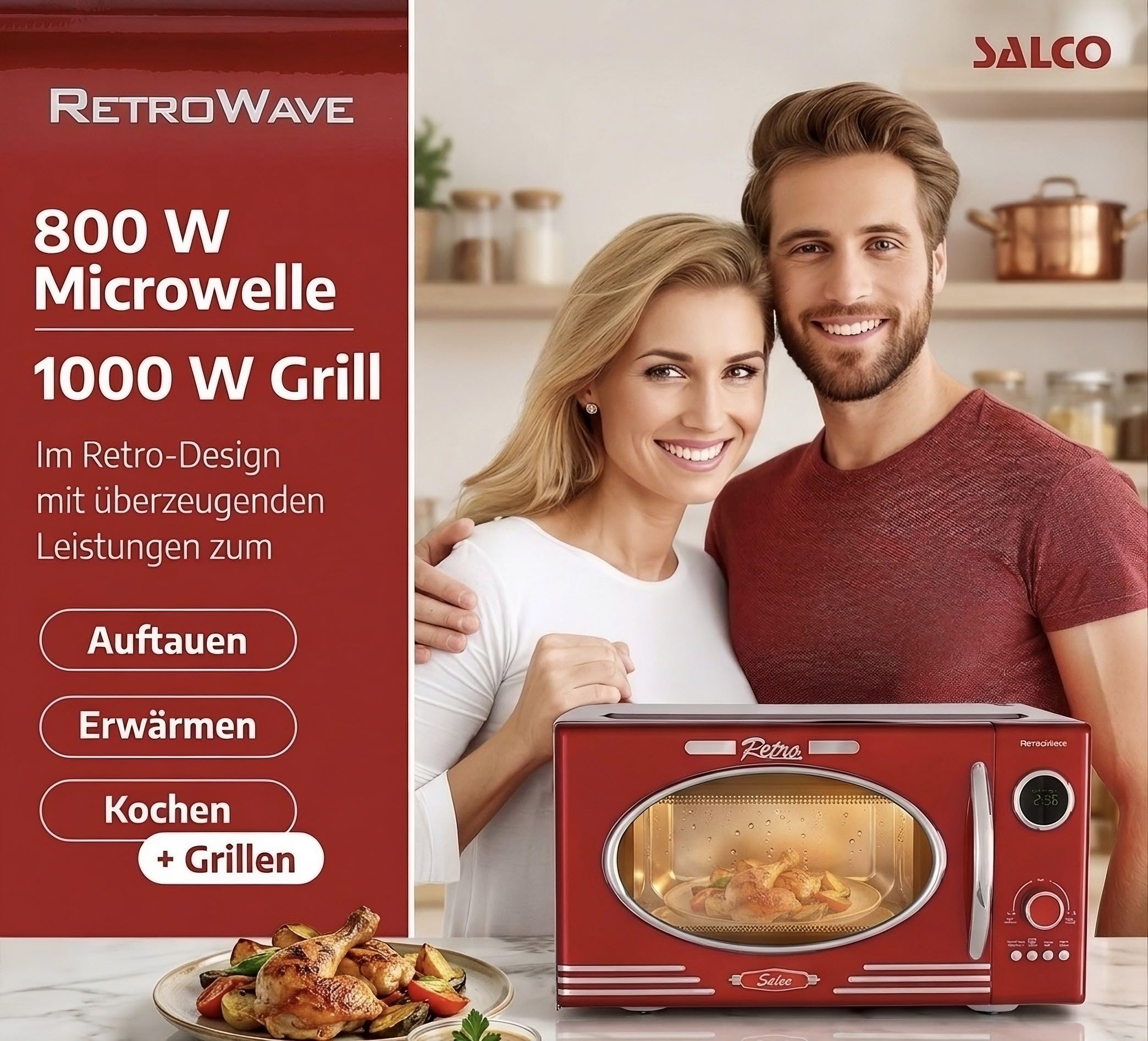 Salco Mikrowelle 2 in 1 – Retro-Style mit Grillfunktion - 23 l Garraum, metallic-rot, 900 W - 12 Funktionen inkl. Auftauen, Grillen & Wärmen, Express-Funktion - inkl. Drehteller & Grillaufsatz