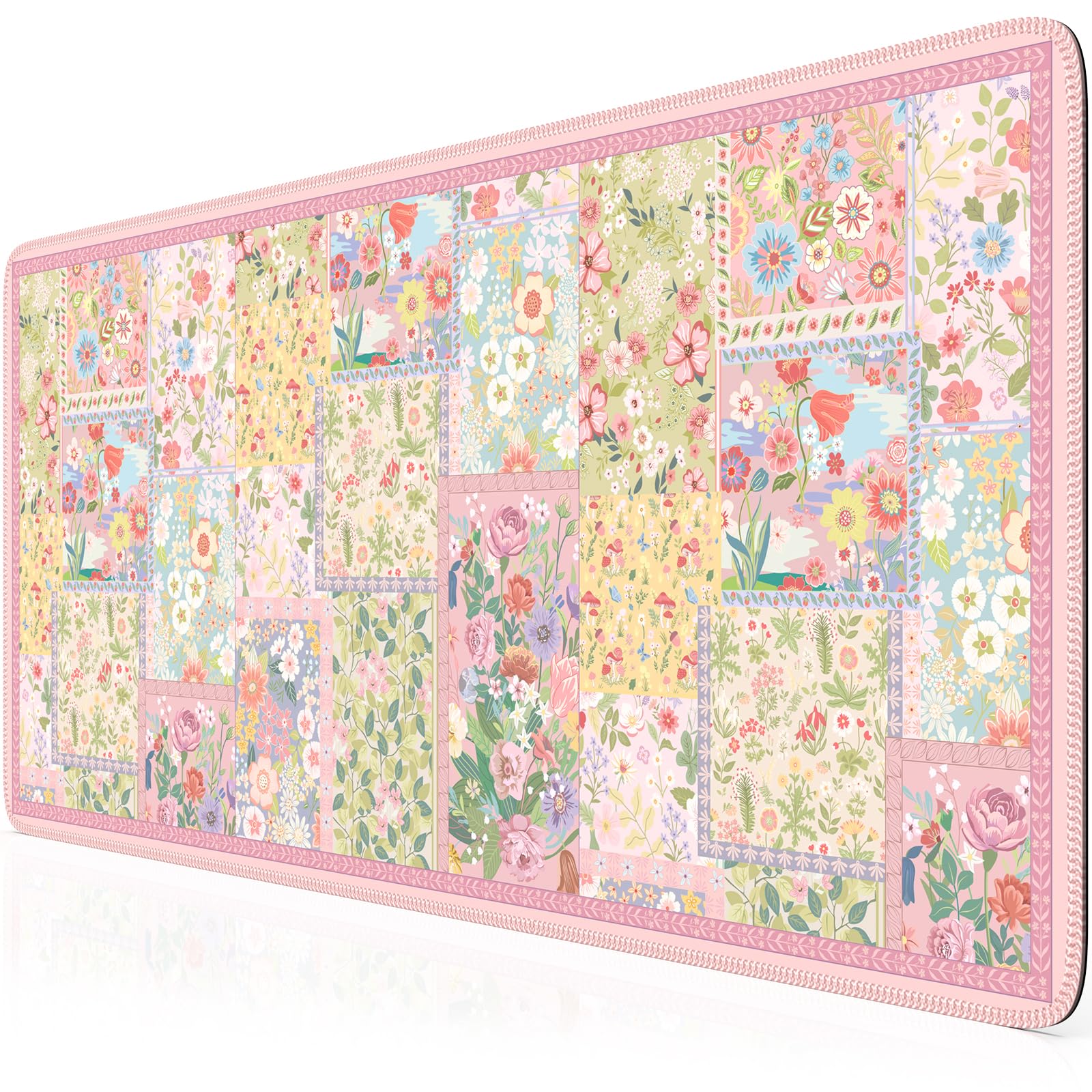 HAOCOO Cute Pink Desk Matt for Desktop, Floral Mouse Pad with Stitched Edge, Desk Protector Mat with Non-Slip Rubber Base, 35.4” x 15.7" Largr