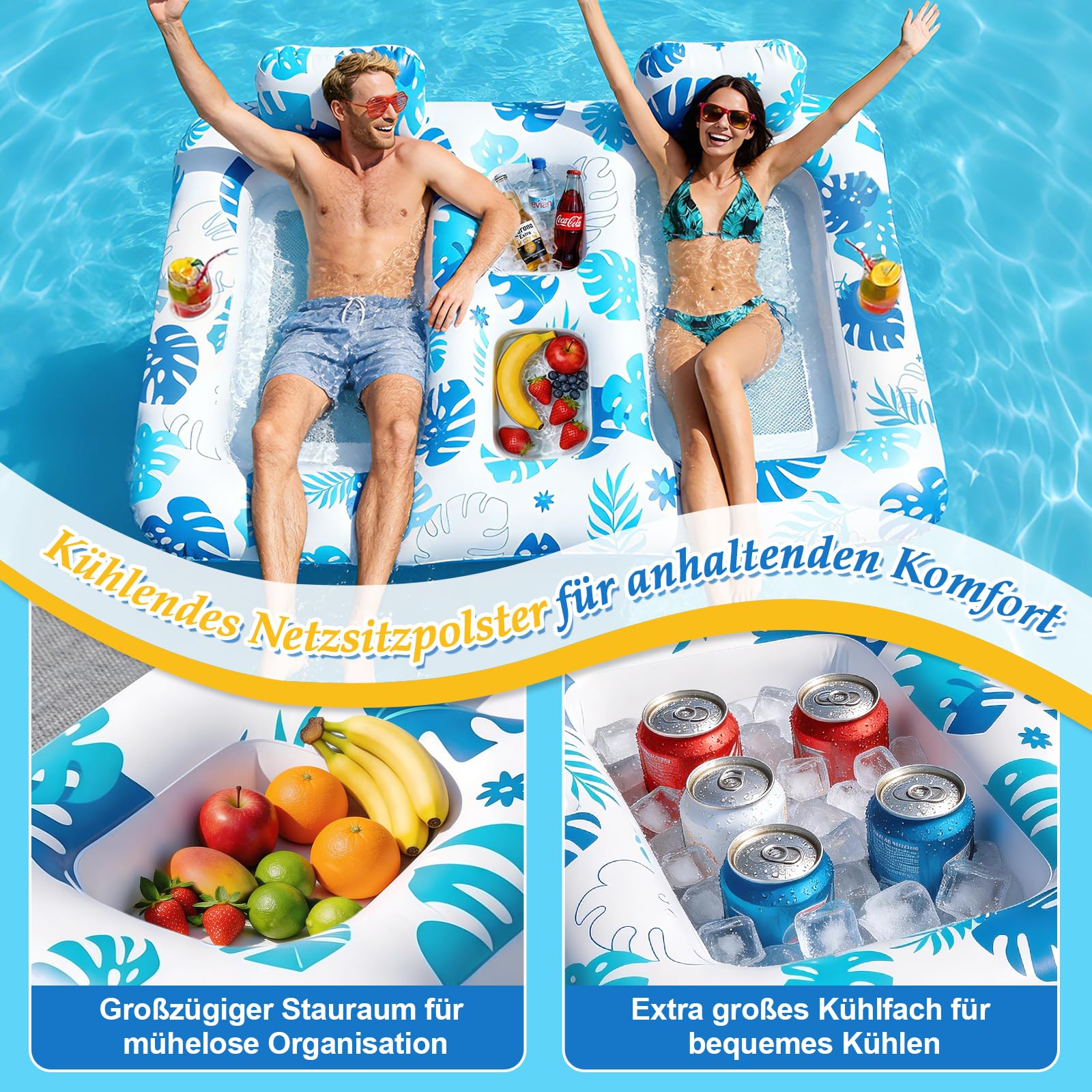 JONRRYIN Luftmatratze Pool, Doppelte Deluxe Luftmatratze Wasser Erwachsene, Groß Solarium Tanning Pool Matratze mit Kissen Praktischem Ablageplatz für Wasser Party Strand Sommerspaß